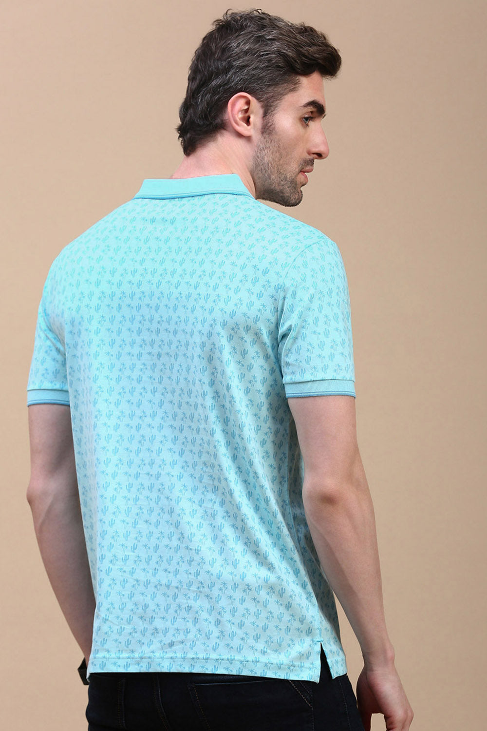 Classic Polo Men's Half Sleeve Teal Blue Polo Neck Slim Fit All Over Print T-Shirt | BELLO - 315 B SF P