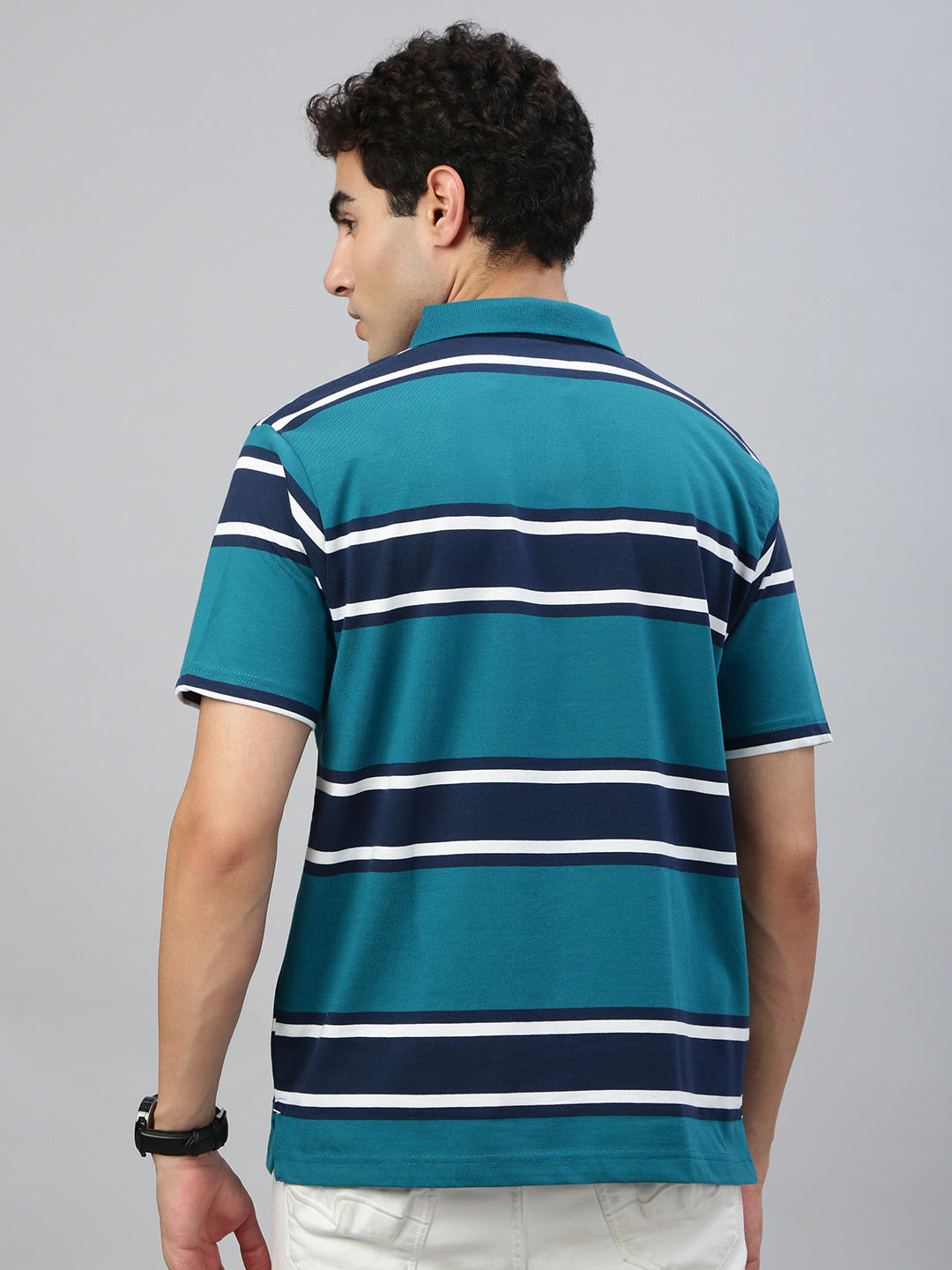 Classic Polo Men's Half Sleeve Teal Blue/Navy Polo Neck Authentic Fit Striped T-Shirt||AVON - 614 B AF P