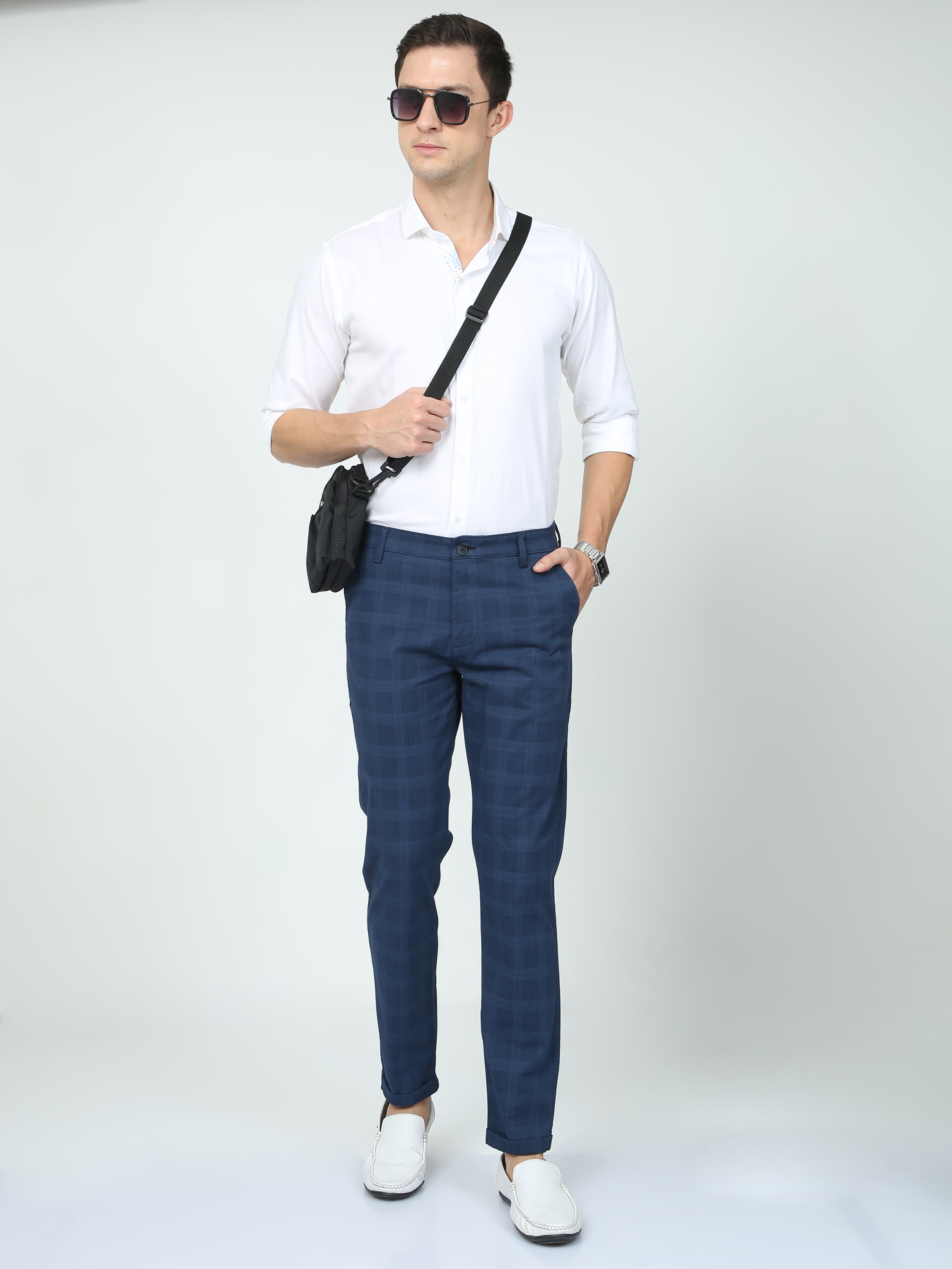 CP BRO Mens Ankle Fit Checked Navy Color Trousers | Tbo2-09 A-Nvy-Af-Ly