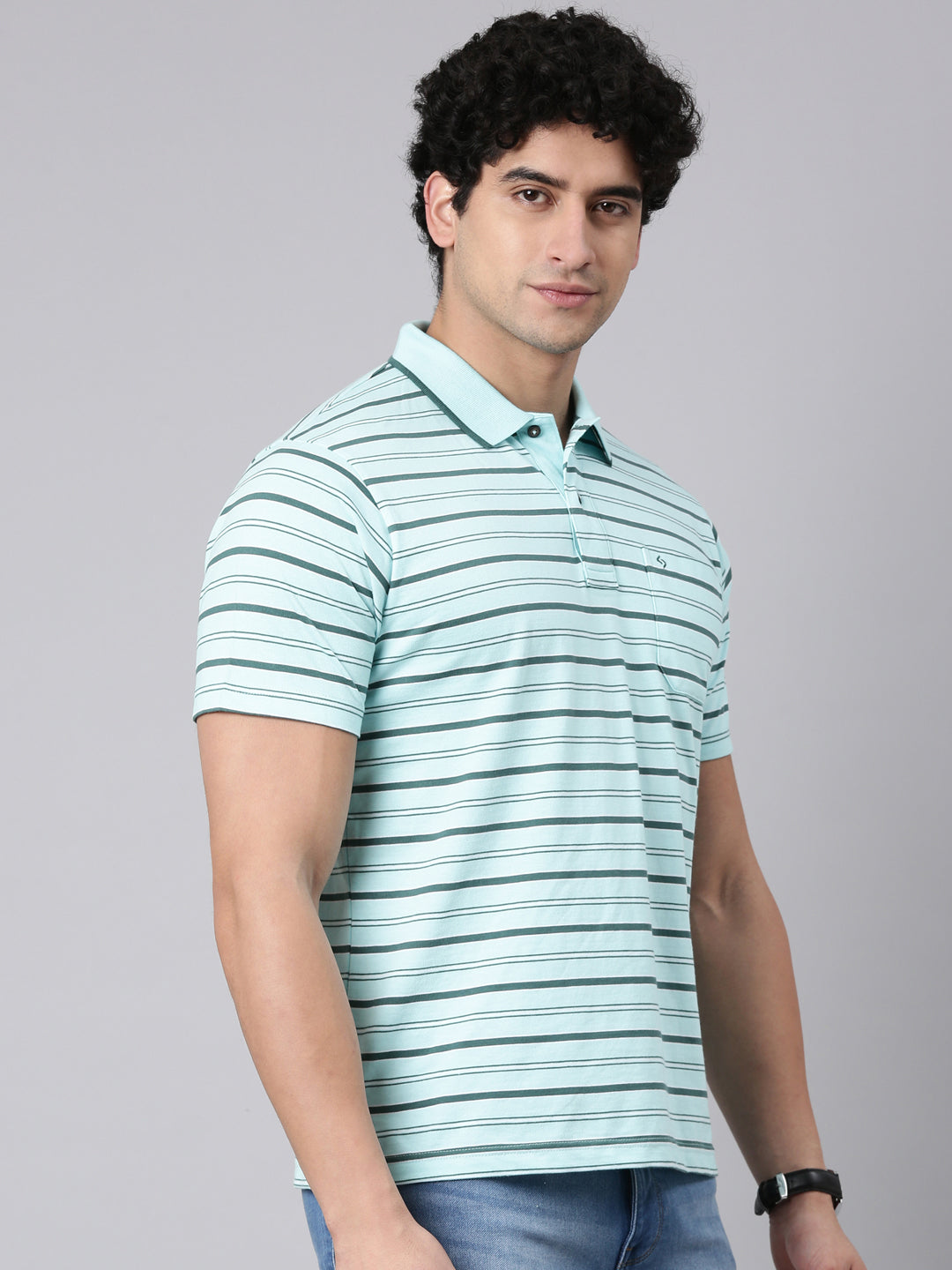 Classic Polo Men's Half Sleeve Light Green Polo Neck Authentic Fit Striped Cotton Blend T-Shirt | FEEDERS - 310 A AF P