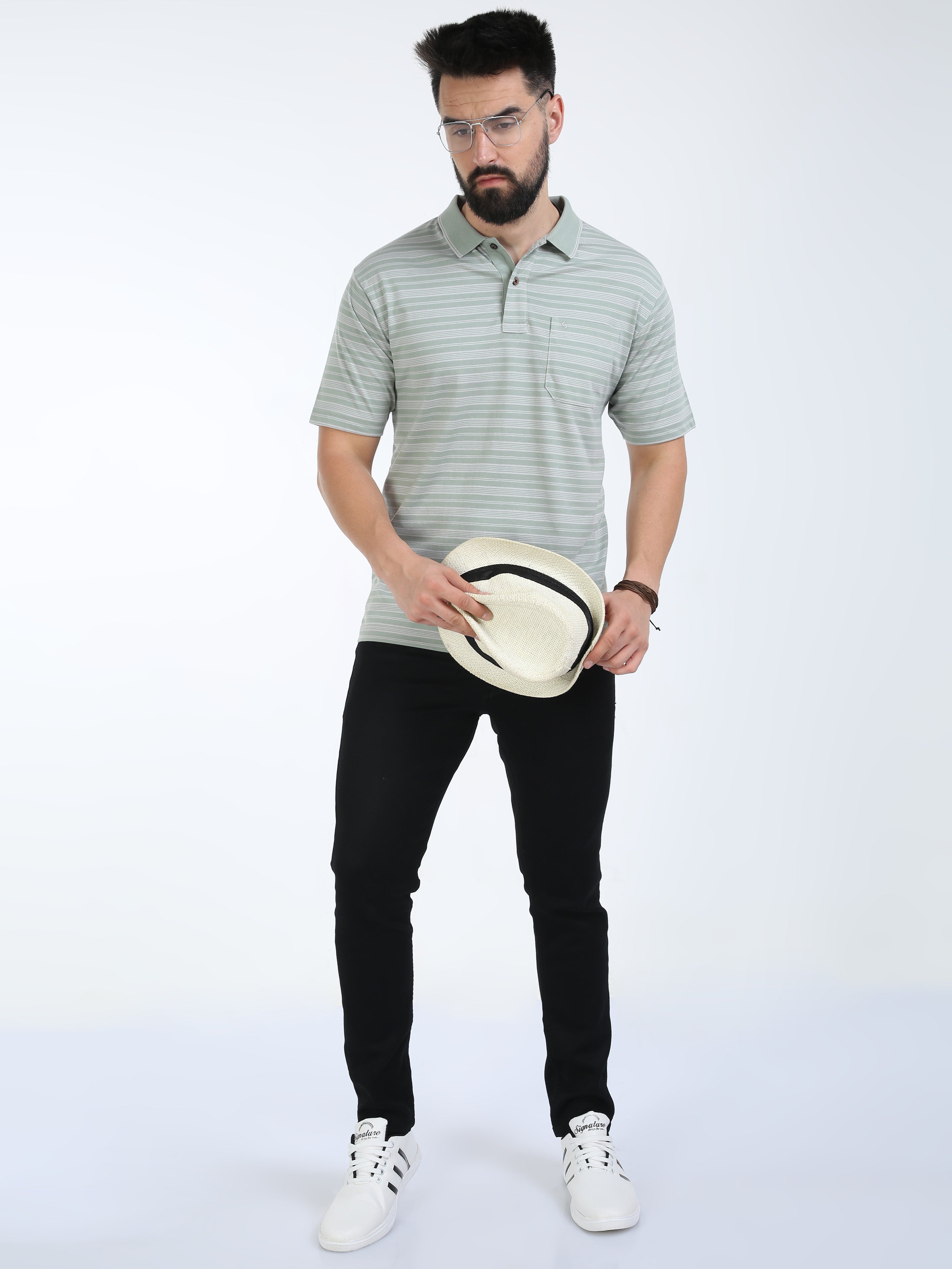 Classic Polo Mens Cotton Half Sleeves Striped Authentic Fit Polo Neck Green Color T-Shirt | Feeders-234 A Af P
