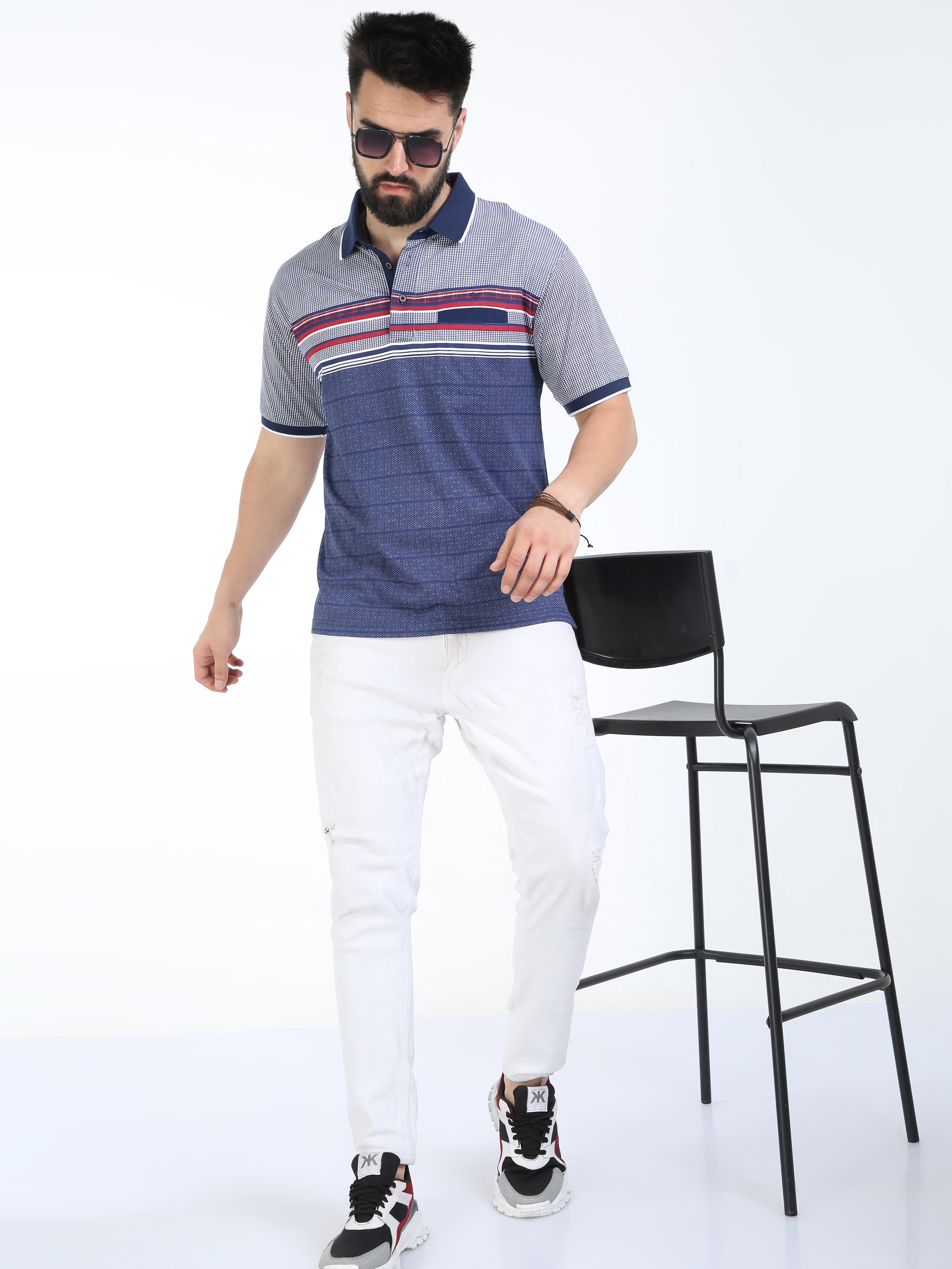 Classic Polo Mens Pure Cotton Half Sleeves Striped Authentic Fit Polo Neck Navy Blue Color T-Shirt | Carve Polo - 21 A Af P