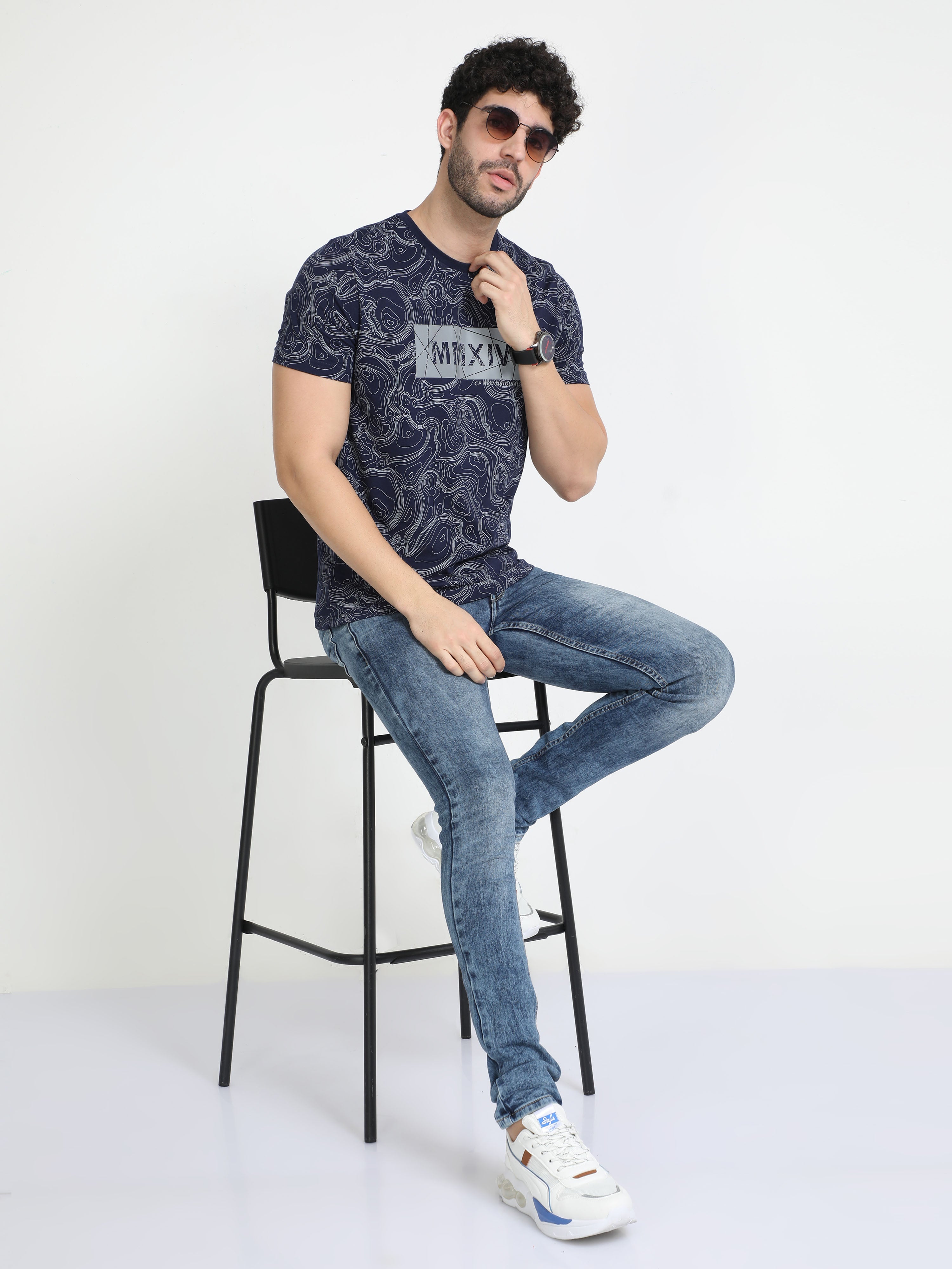Classic Polo Mens Cotton Half Sleeves Floral Slim Fit Crew Neck Navy Blue Color T-Shirt | Brcn - 556 B Sf C
