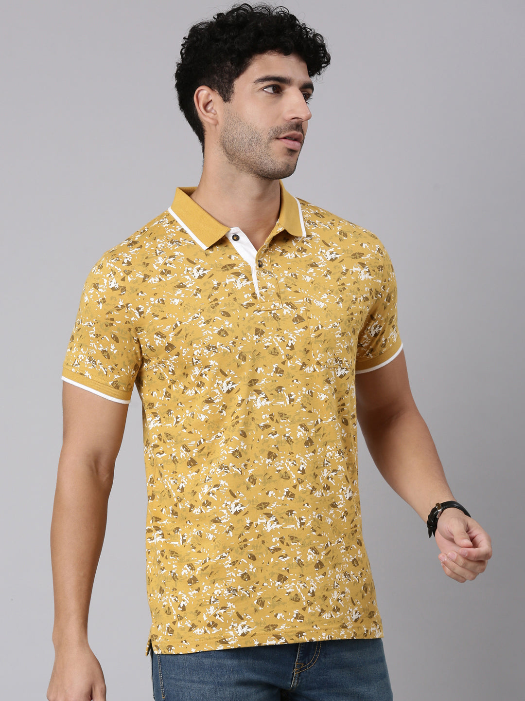 Classic Polo Men's Half Sleeve Mustard Yellow Polo Neck Slim Fit All-Over Print Cotton T-Shirt | LTS-AOP - 129 B SF P