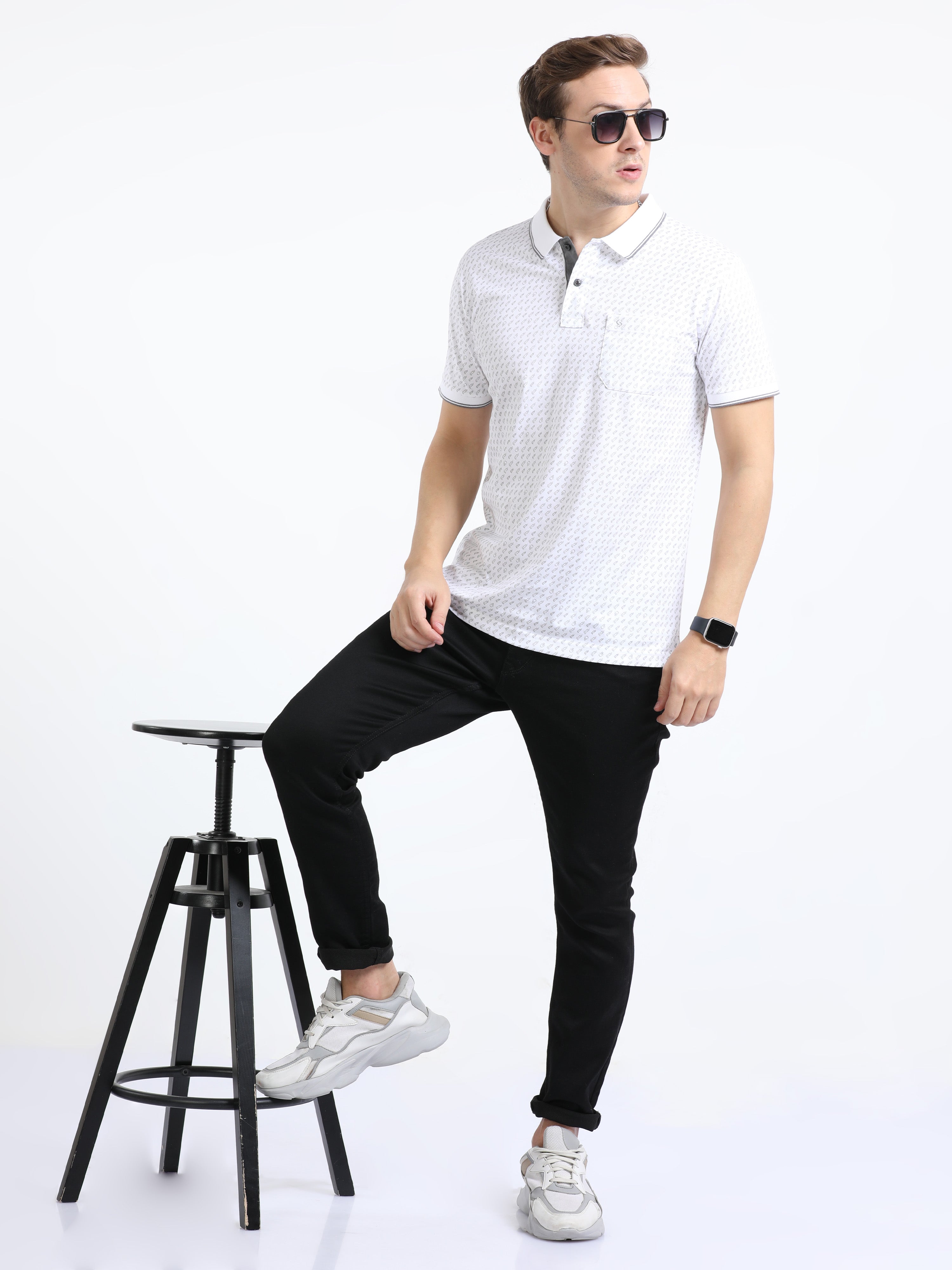Classic Polo Mens Pure Cotton Half Sleeves Printed Slim Fit Polo Neck White Color T-Shirt | Bello - 216 A Sf P