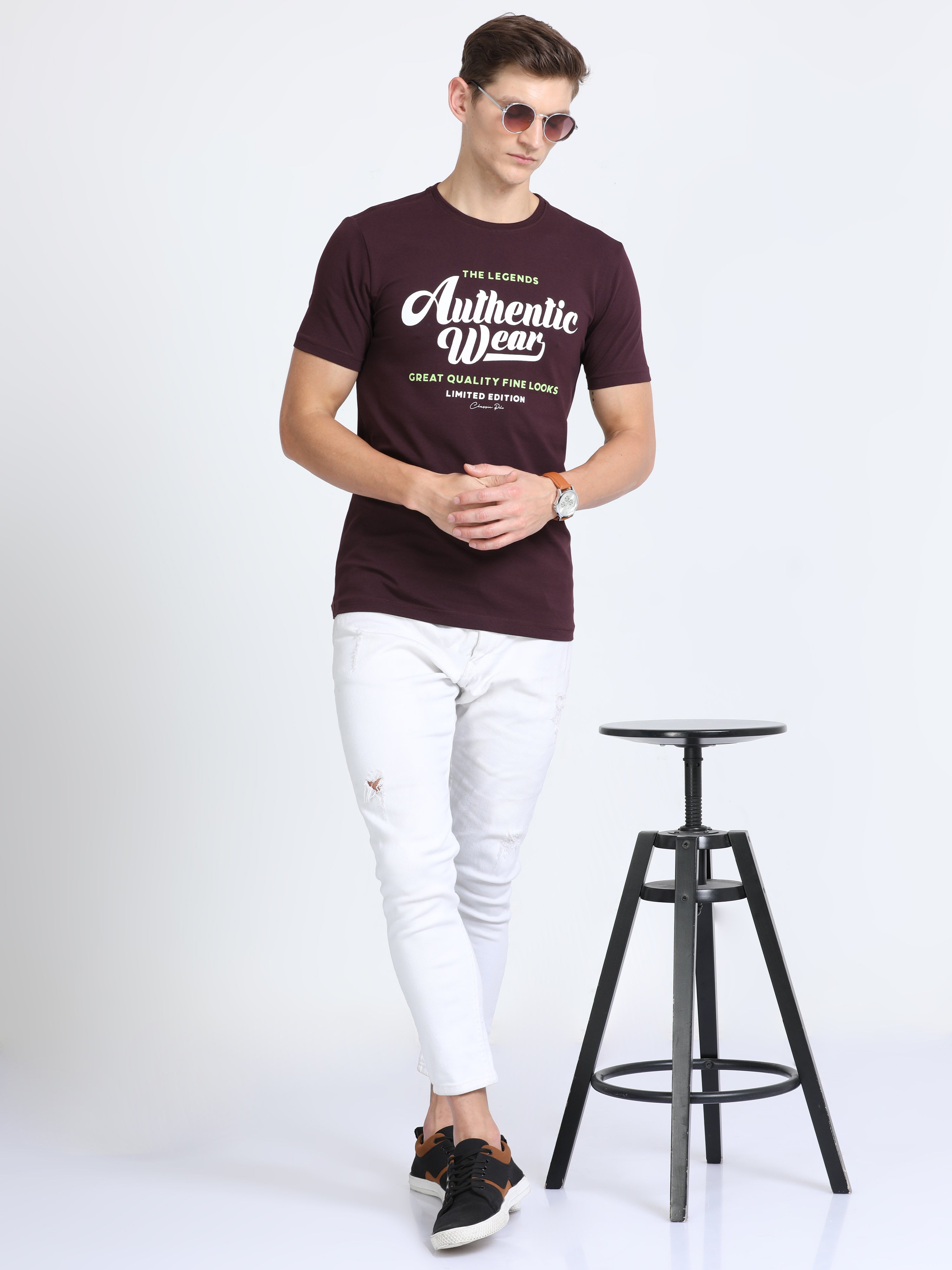 Classic Polo Mens Cotton Half Sleeves Printed Slim Fit Crew Neck Burgudy Color T-Shirt | Baleno - 560 B Sf C