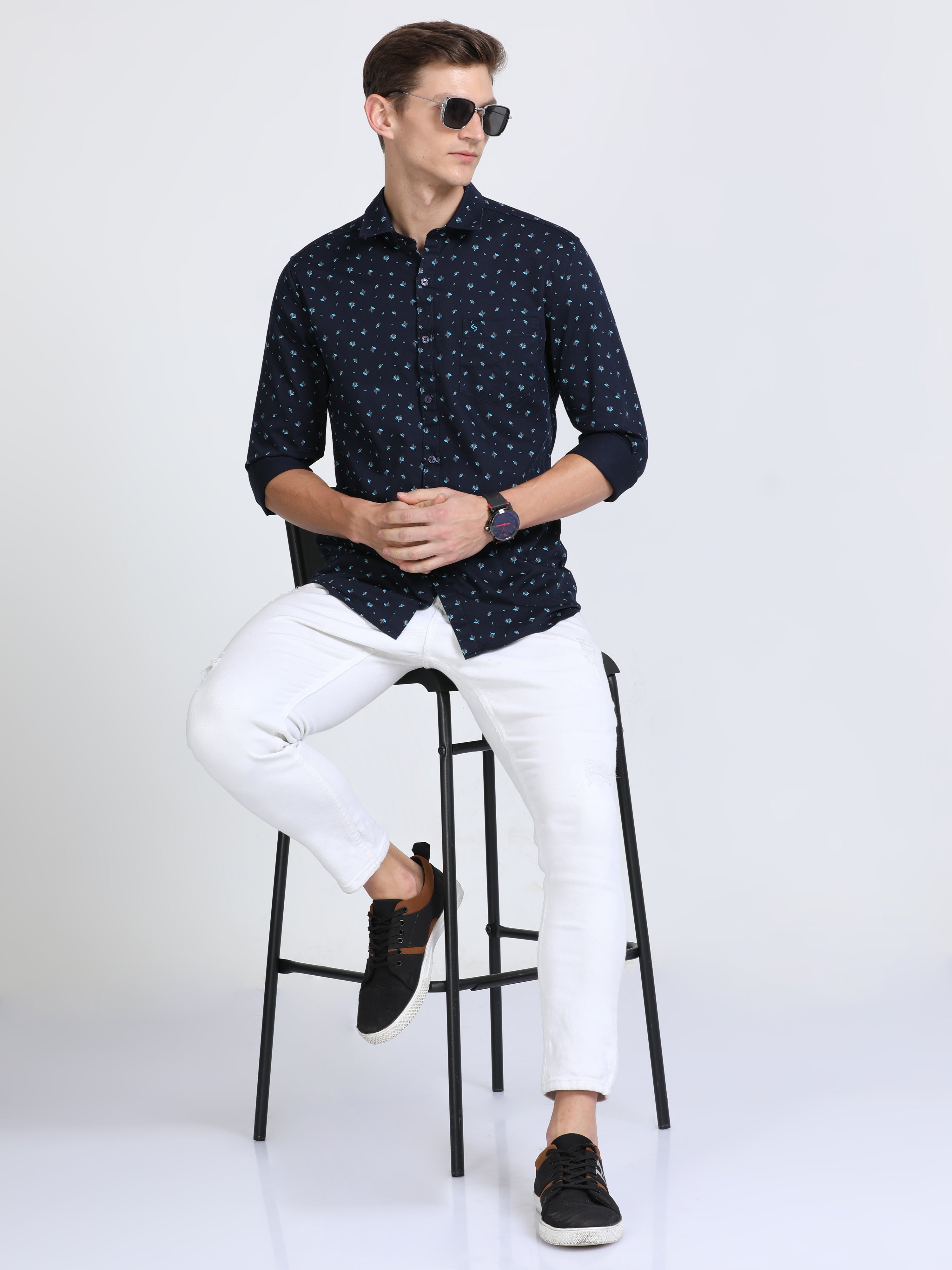 Classic Polo Mens Pure Cotton Full Sleeves Printed Slim Fit Polo Neck Dark Navy Color Woven Shirt | So2-165 B-Fs-Prt-Sf