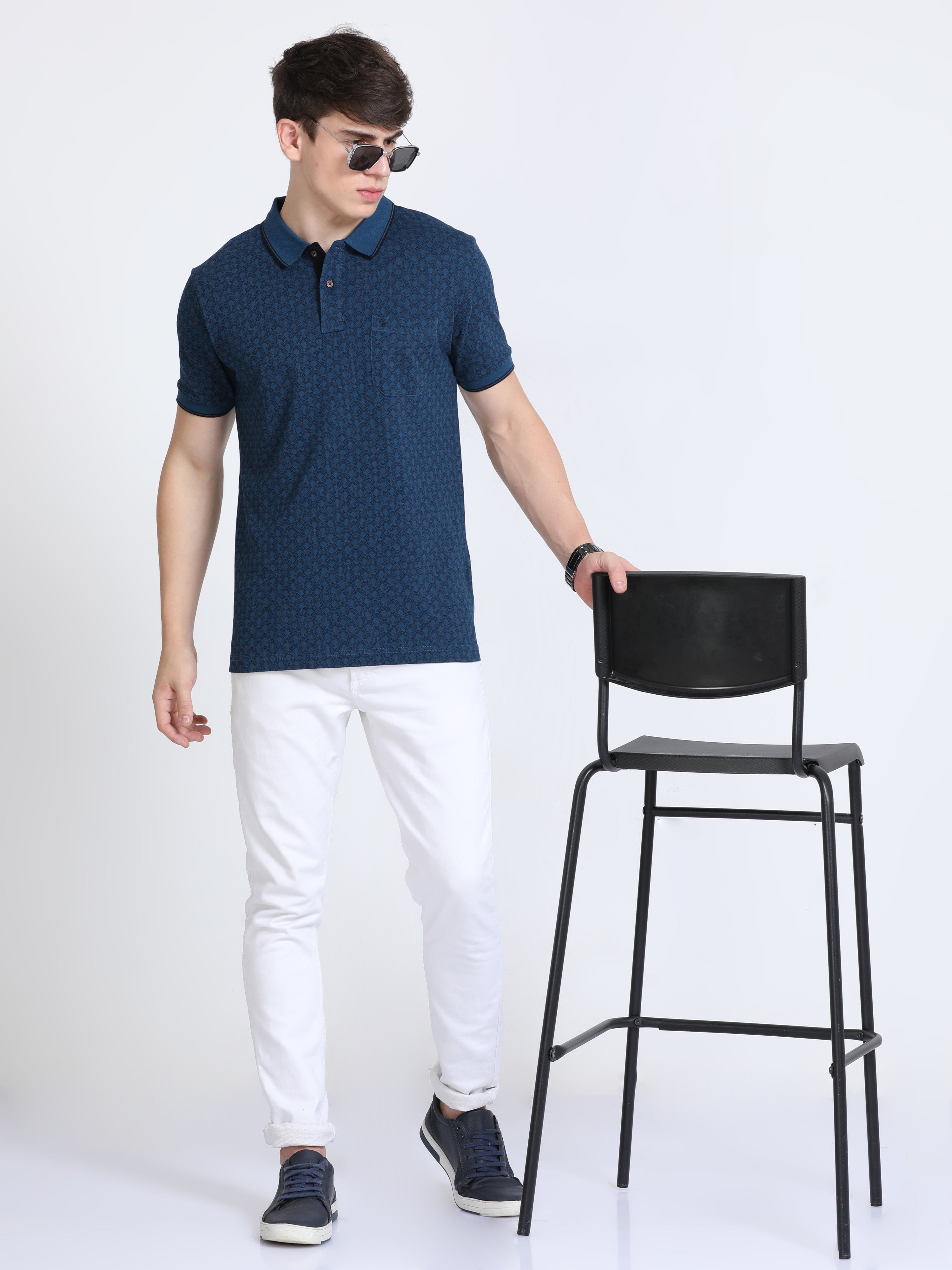 Classic Polo Mens Cotton Half Sleeves Floral Slim Fit Polo Neck Dark Blue Color T-Shirt | Beau - 225 A Sf P