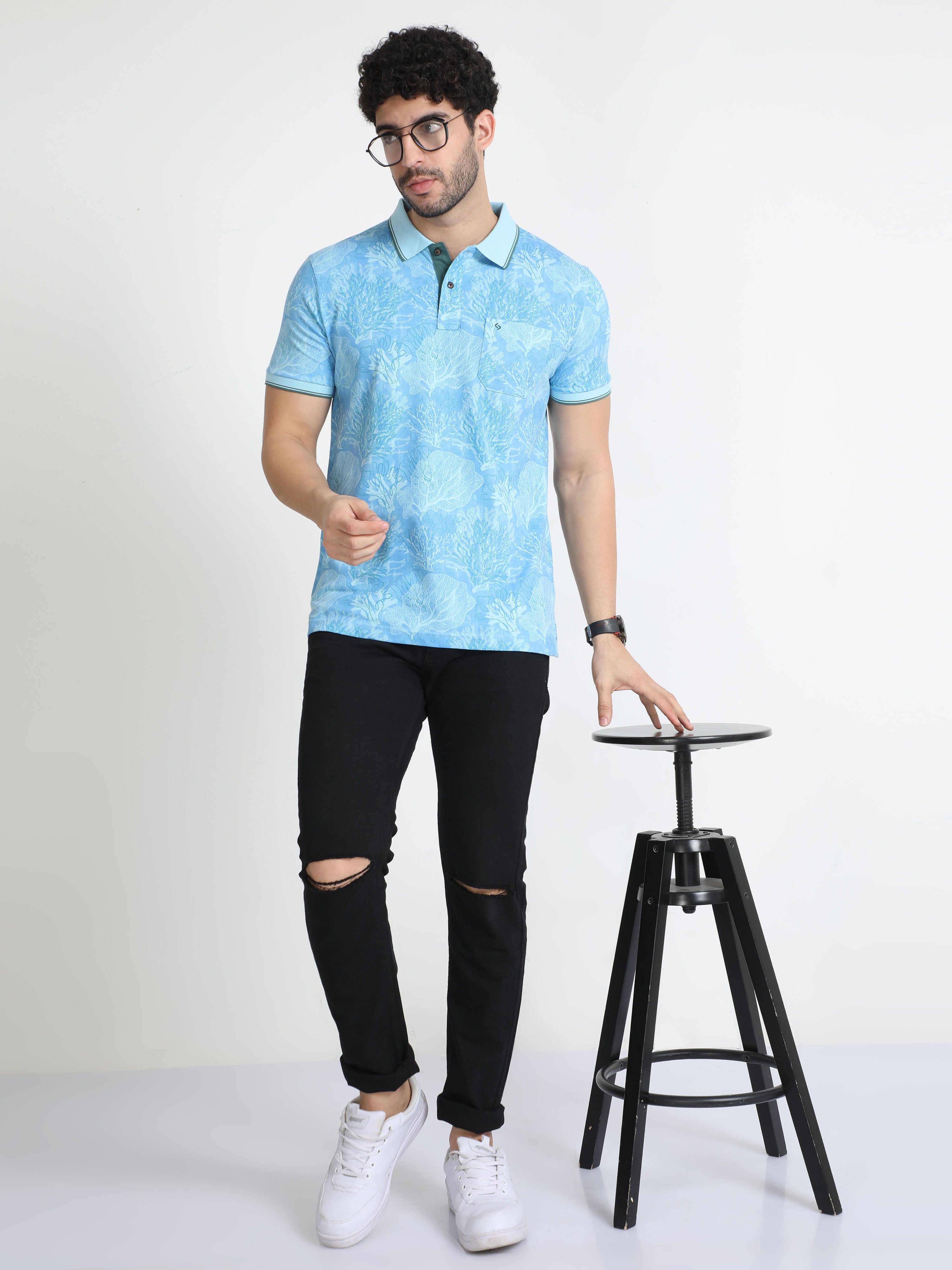 Classic Polo Mens Cotton Half Sleeves Floral Slim Fit Polo Neck Aqua Blue Color T-Shirt | Beau - 213 B Sf P