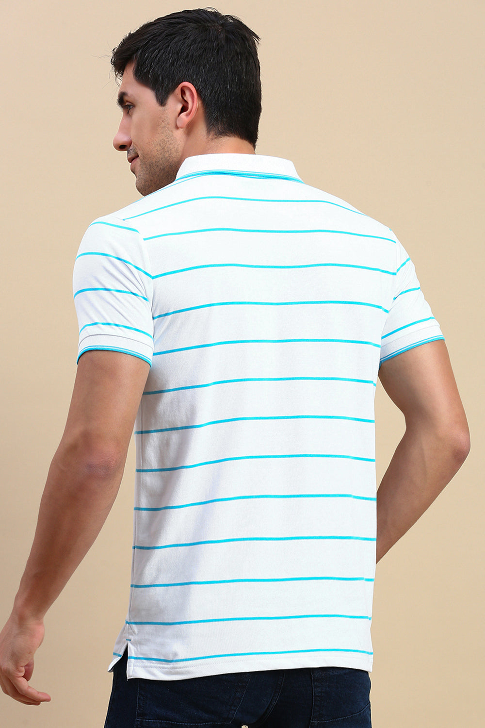 Classic Polo Men's Half Sleeve White/Blue Polo Neck Slim Fit Striped T-Shirt | CPEG - 334 B SF P