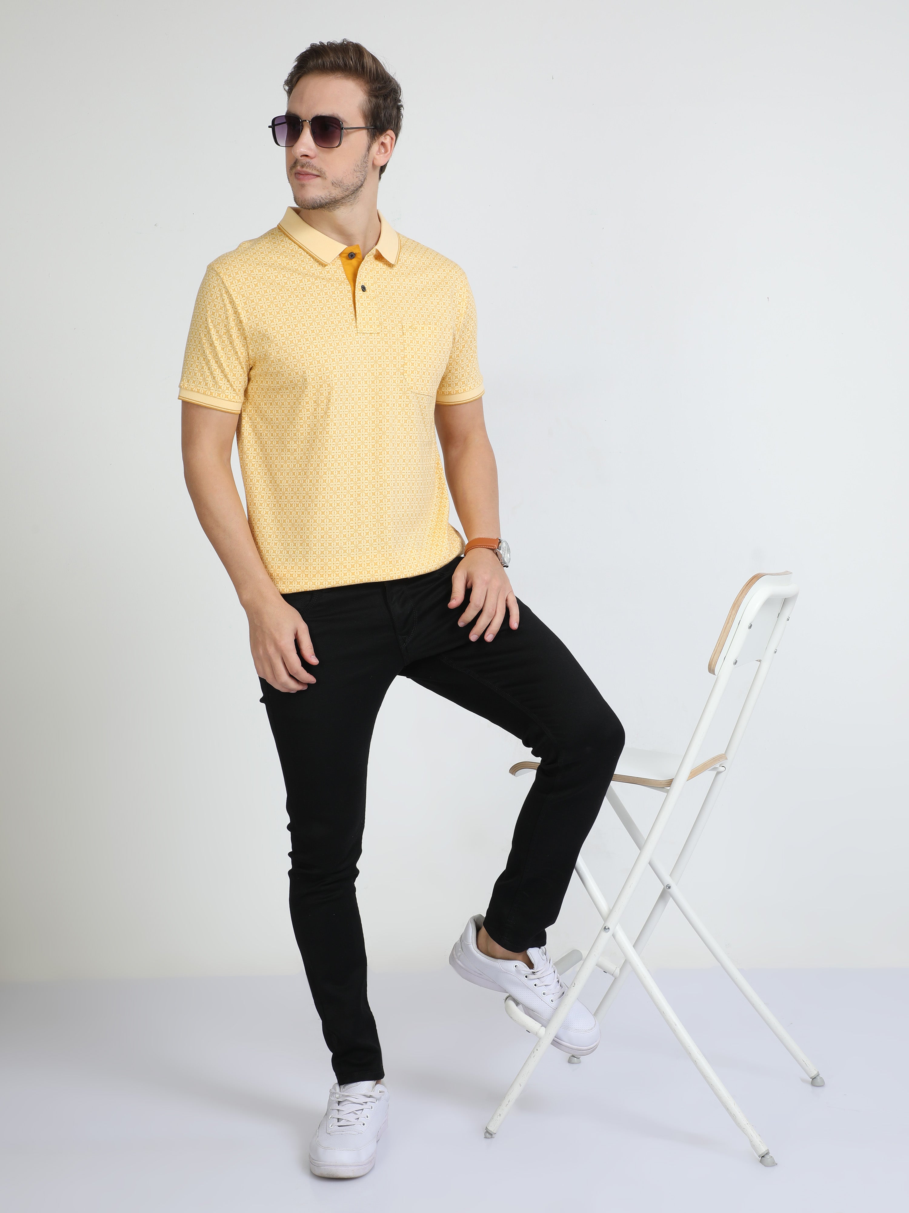 Classic Polo Mens Pure Cotton Half Sleeves Printed Slim Fit Polo Neck Yellow Color T-Shirt | Bello - 219 A Sf P