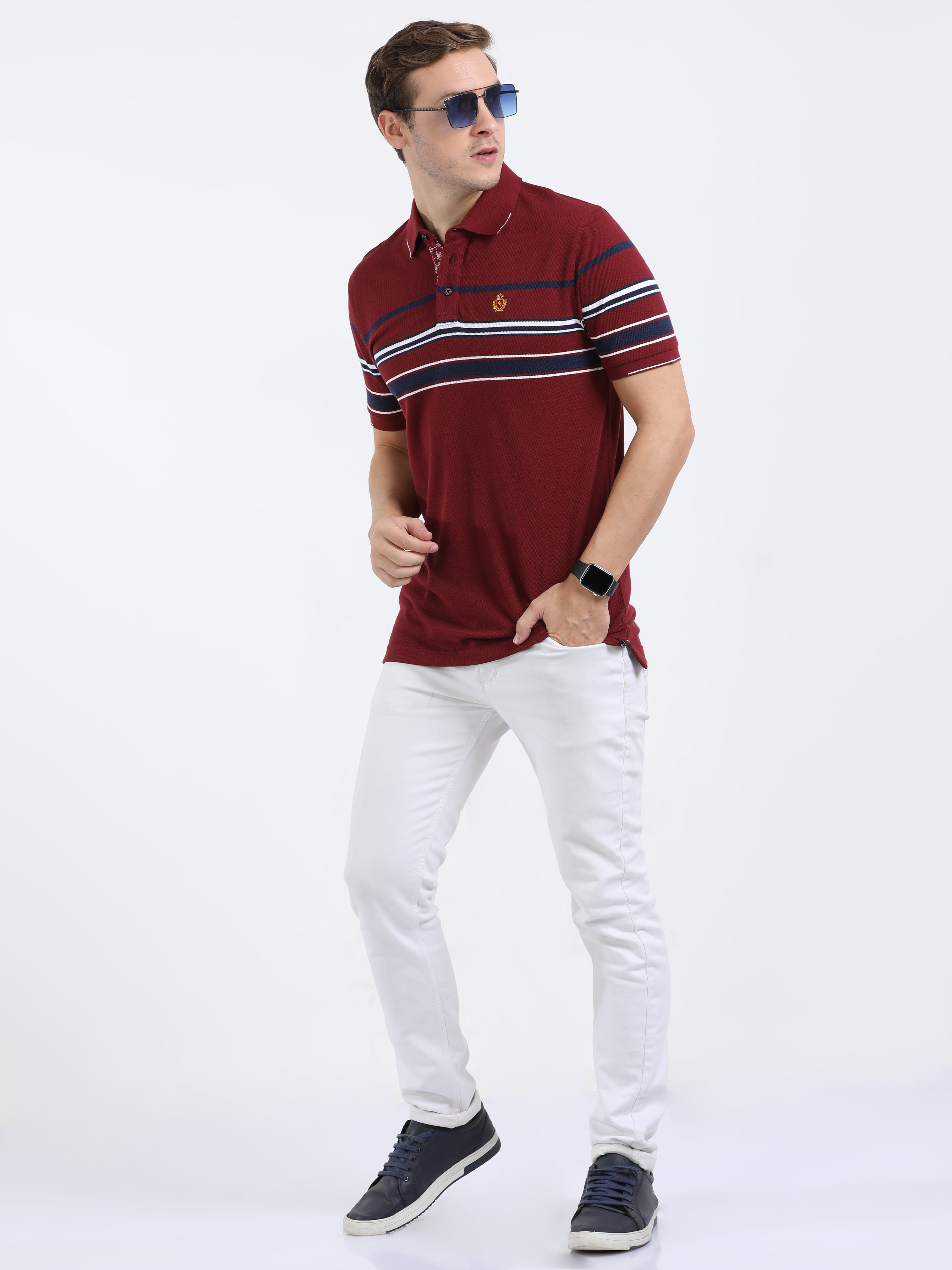 Classic Polo Mens Cotton Half Sleeves Striped Slim Fit Polo Neck Maroon Color T-Shirt | Vta - 245 A Sf P