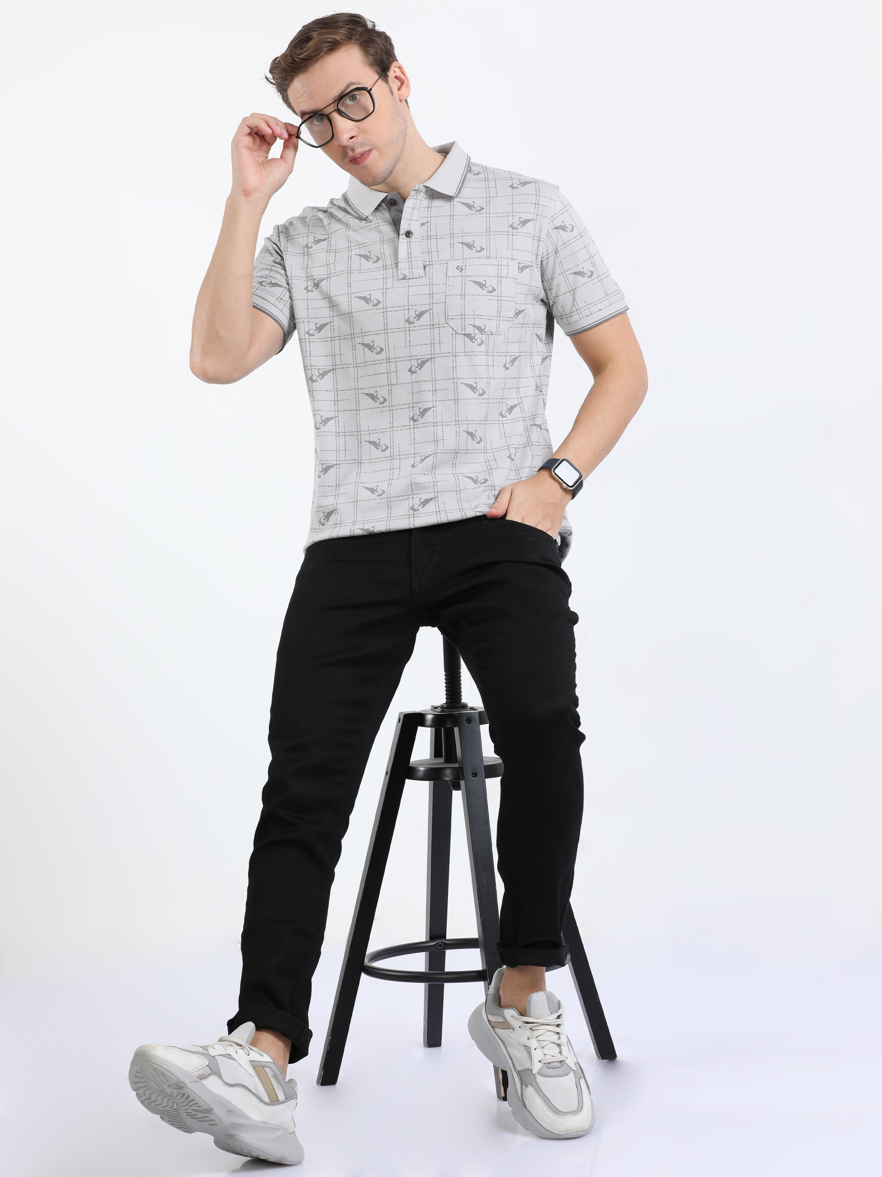 Classic Polo Mens Cotton Half Sleeves Floral Slim Fit Polo Neck Grey Color T-Shirt | Beau - 224 A Sf P