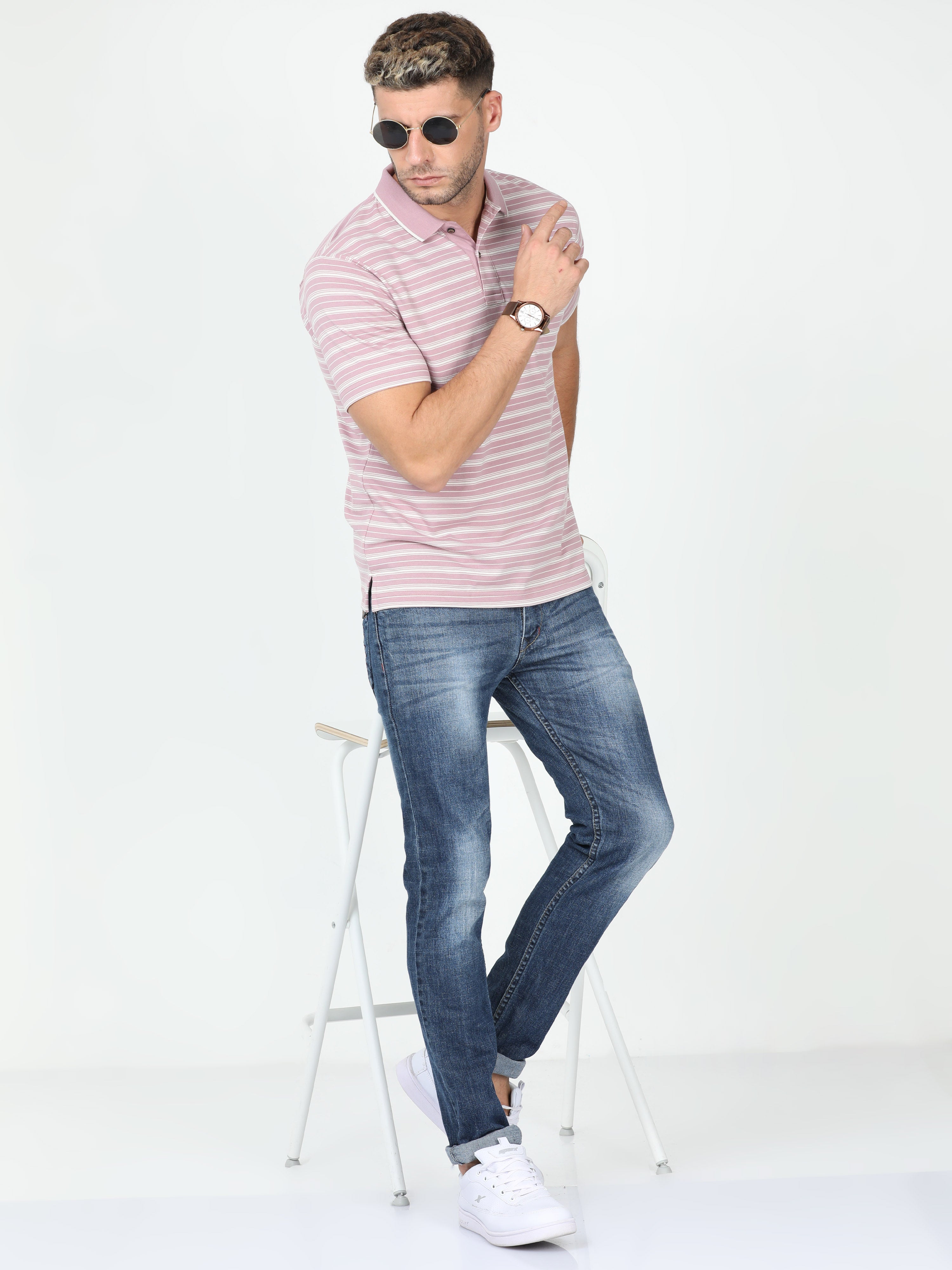 Classic Polo Mens Cotton Half Sleeve Striped Authentic Fit Polo Neck Peach Color T Shirt | F-Feeders - 106 A