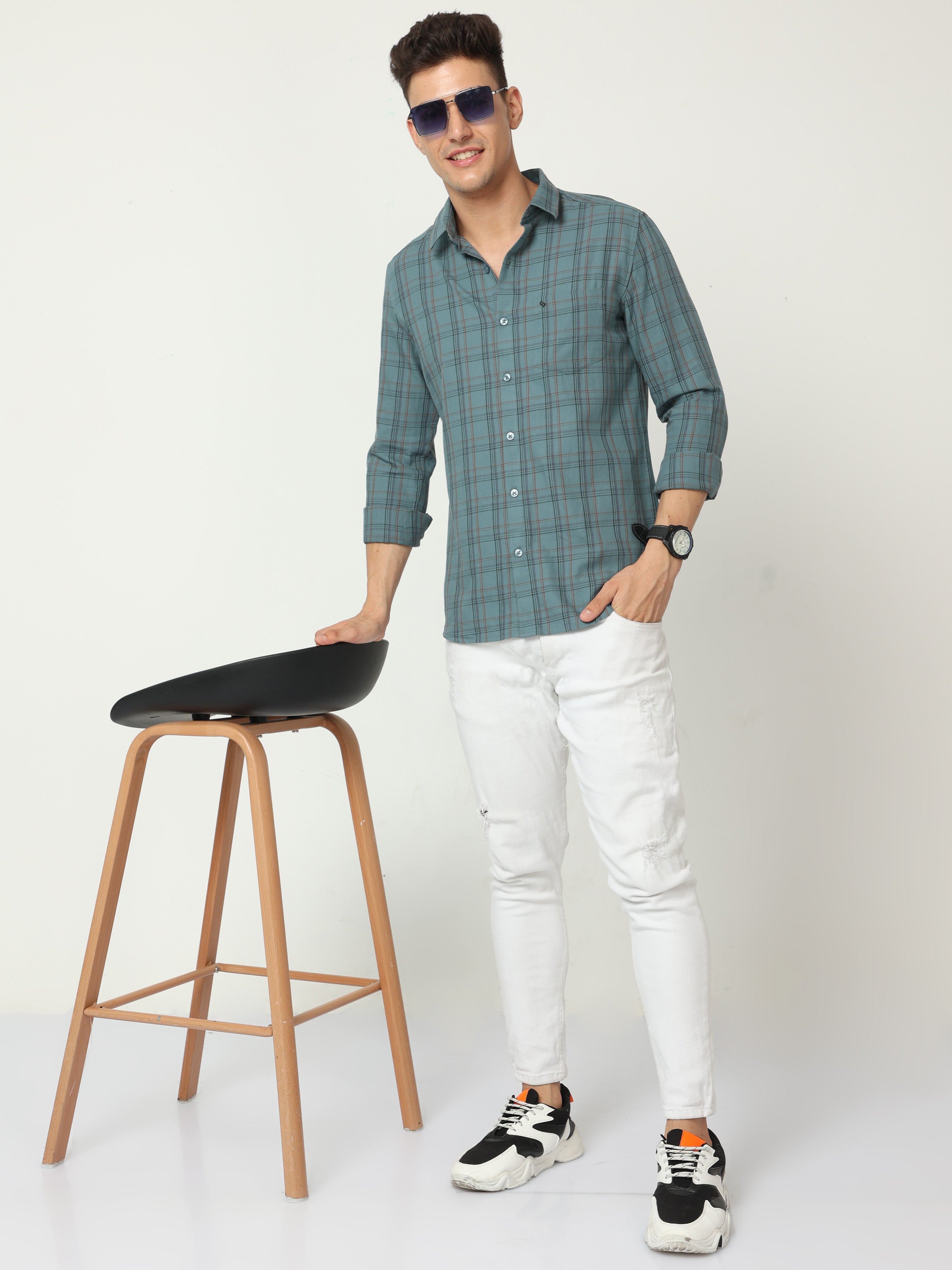 Classic Polo Men's Cotton Full Sleeve Checked Slim Fit Polo Neck Grey Color Woven Shirt | So1-96 C
