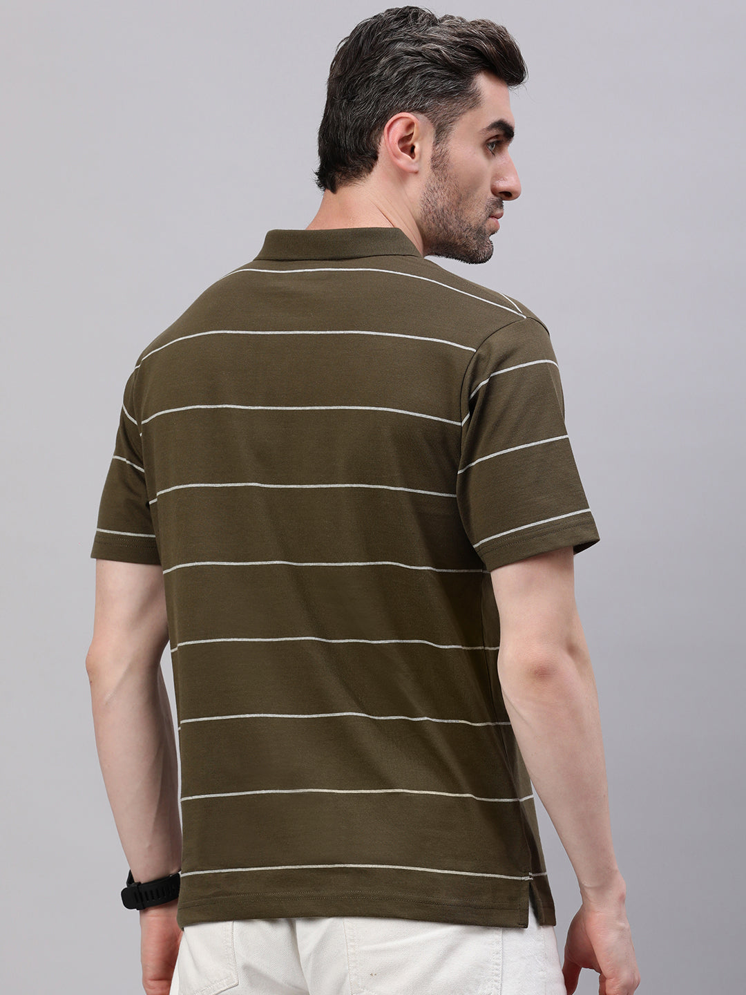 Classic Polo Men's Half Sleeve Olive/white Polo Neck Authentic Fit Striped T-Shirt||AVON - 615 B AF P