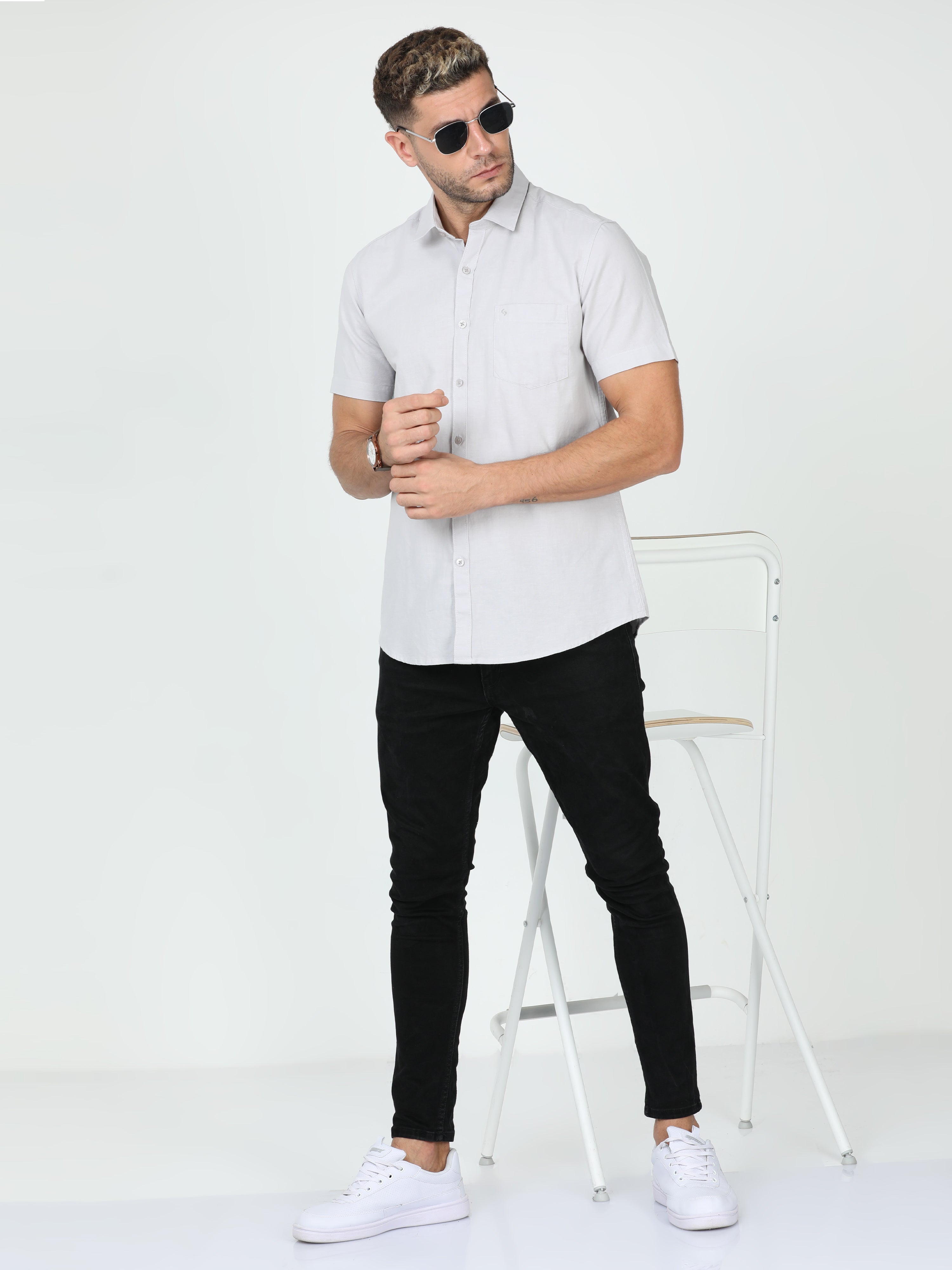 Classic Polo Mens Linen Cotton Half Sleeve Slim Fit Polo Neck Grey Color Woven Shirt | Linen - 26 A-HS-SLD-SF
