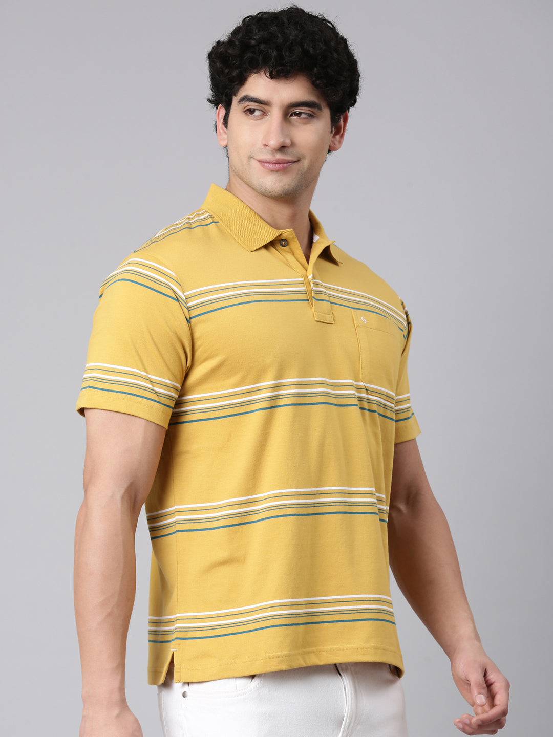 Classic Polo Men's Half Sleeve Yellow Polo Neck Authentic Fit Striped Cotton Blend T-Shirt | AVON - 650 A AF P