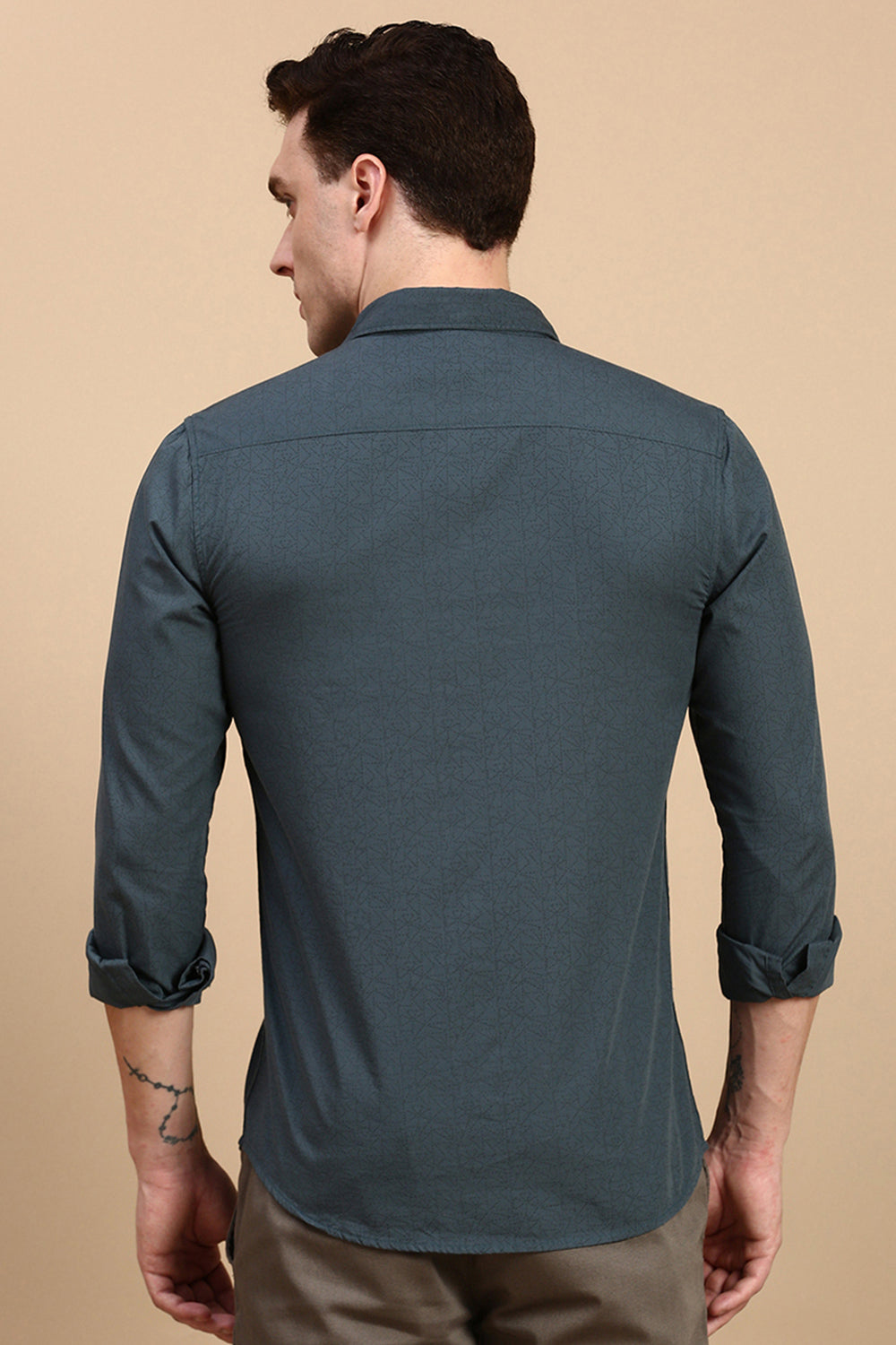 Classic Polo Men's Full Sleeve Dark Teal Polo Neck Slim Fit All Over Print Shirt | SP2-CL-74 A-FS-PRT-SF