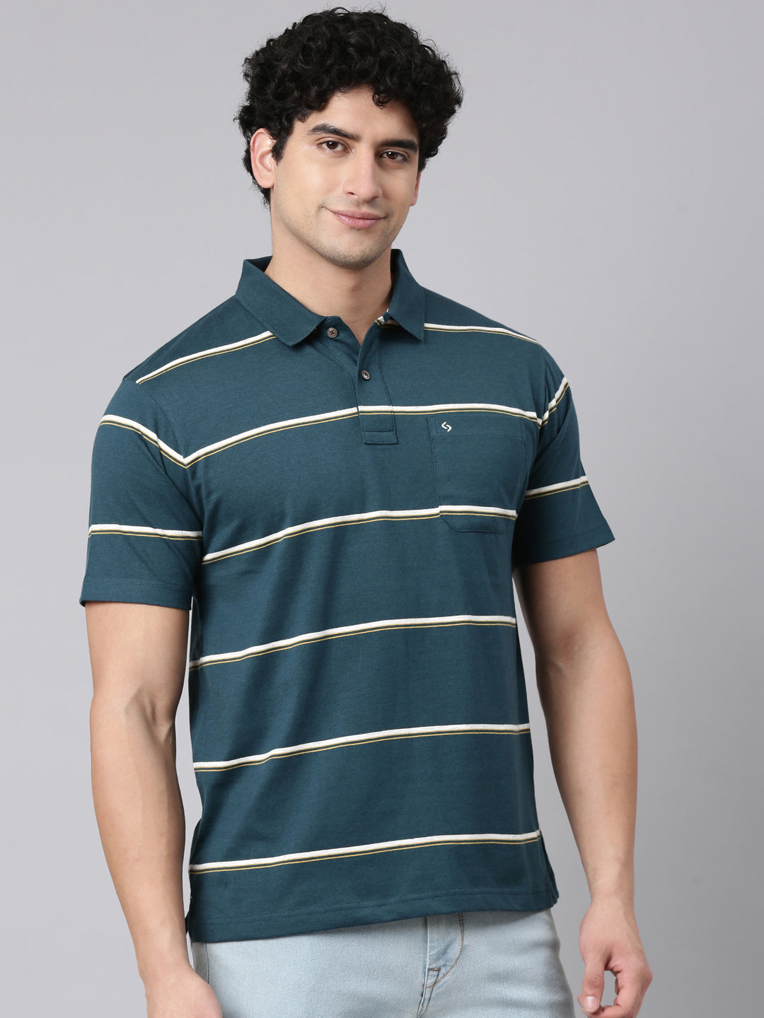 Classic Polo Men's Half Sleeve Dark Green Polo Neck Authentic Fit Striped Cotton Blend T-Shirt | AVON - 669 B AF P