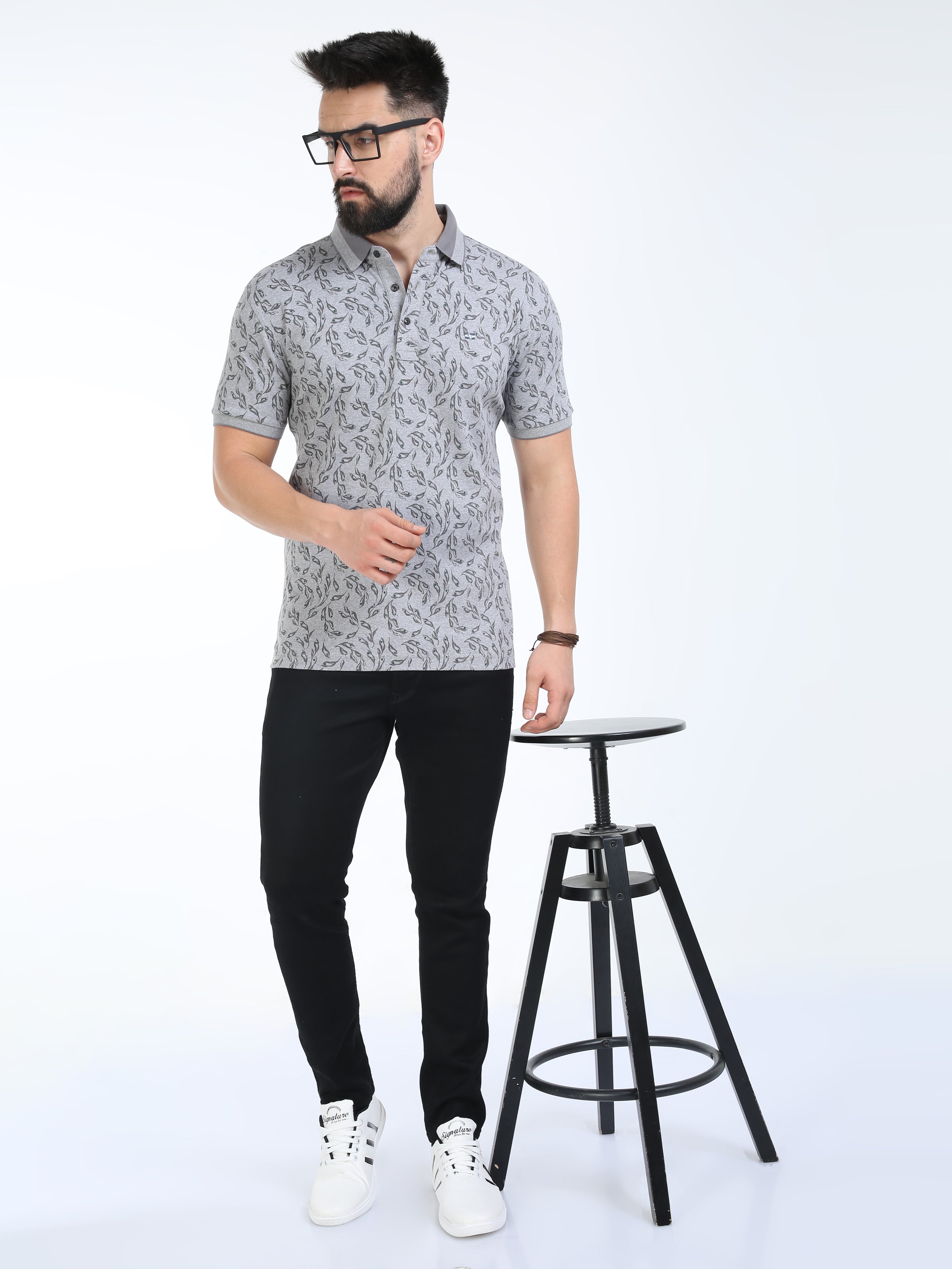 Classic Polo Mens Cotton Half Sleeves Floral Slim Fit Polo Neck Grey Color T-Shirt | Prm - 792 B Sf P