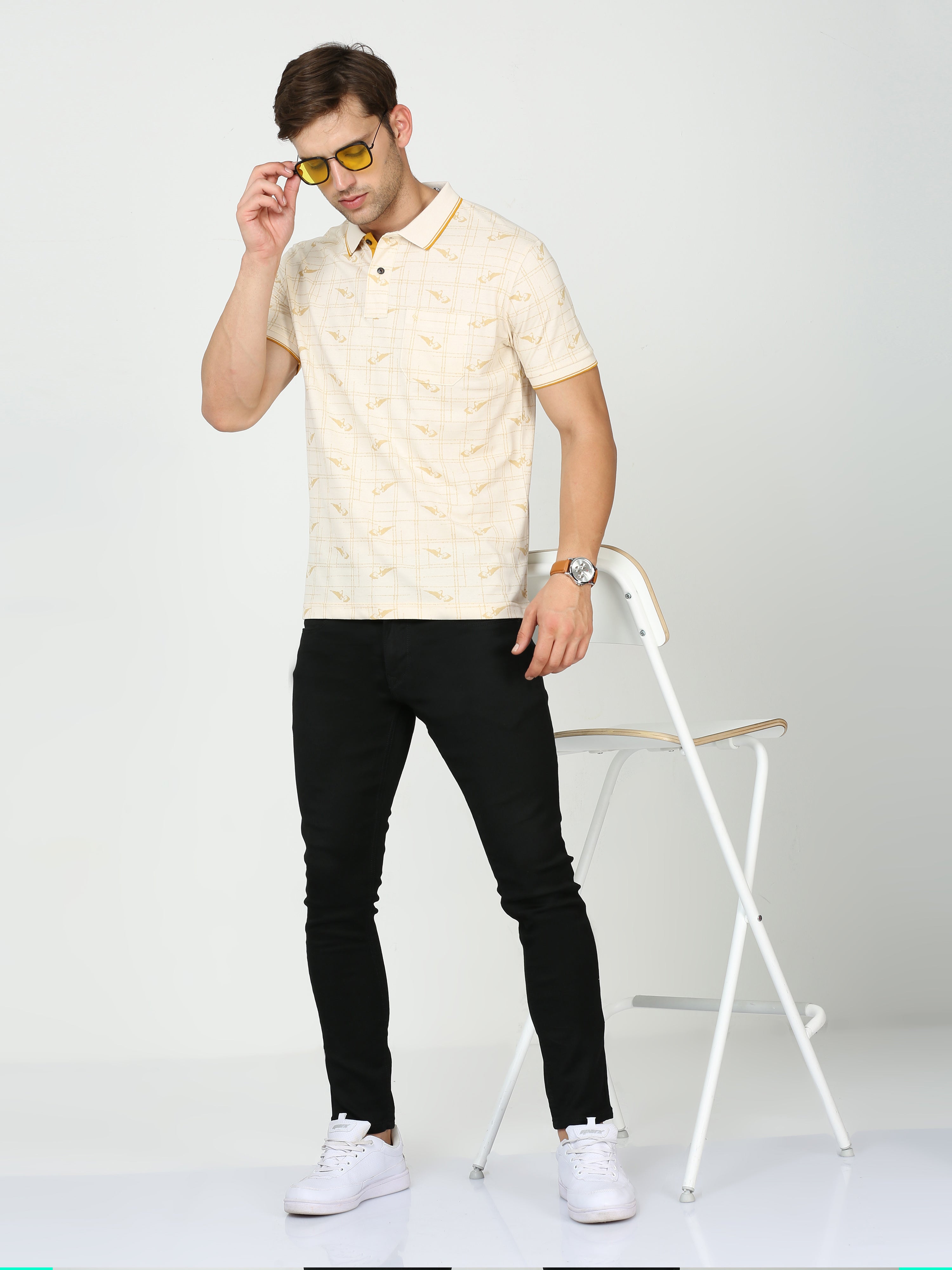 Classic Polo Mens Cotton Half Sleeves Floral Slim Fit Polo Neck Yellow Color T-Shirt | Beau - 224 B Sf P