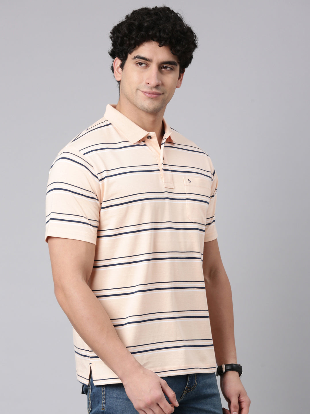 Classic Polo Men's Half Sleeve Peach/Navy Blue Polo Neck Authentic Fit Striped Cotton Blend T-Shirt | AVON - 644 A AF P