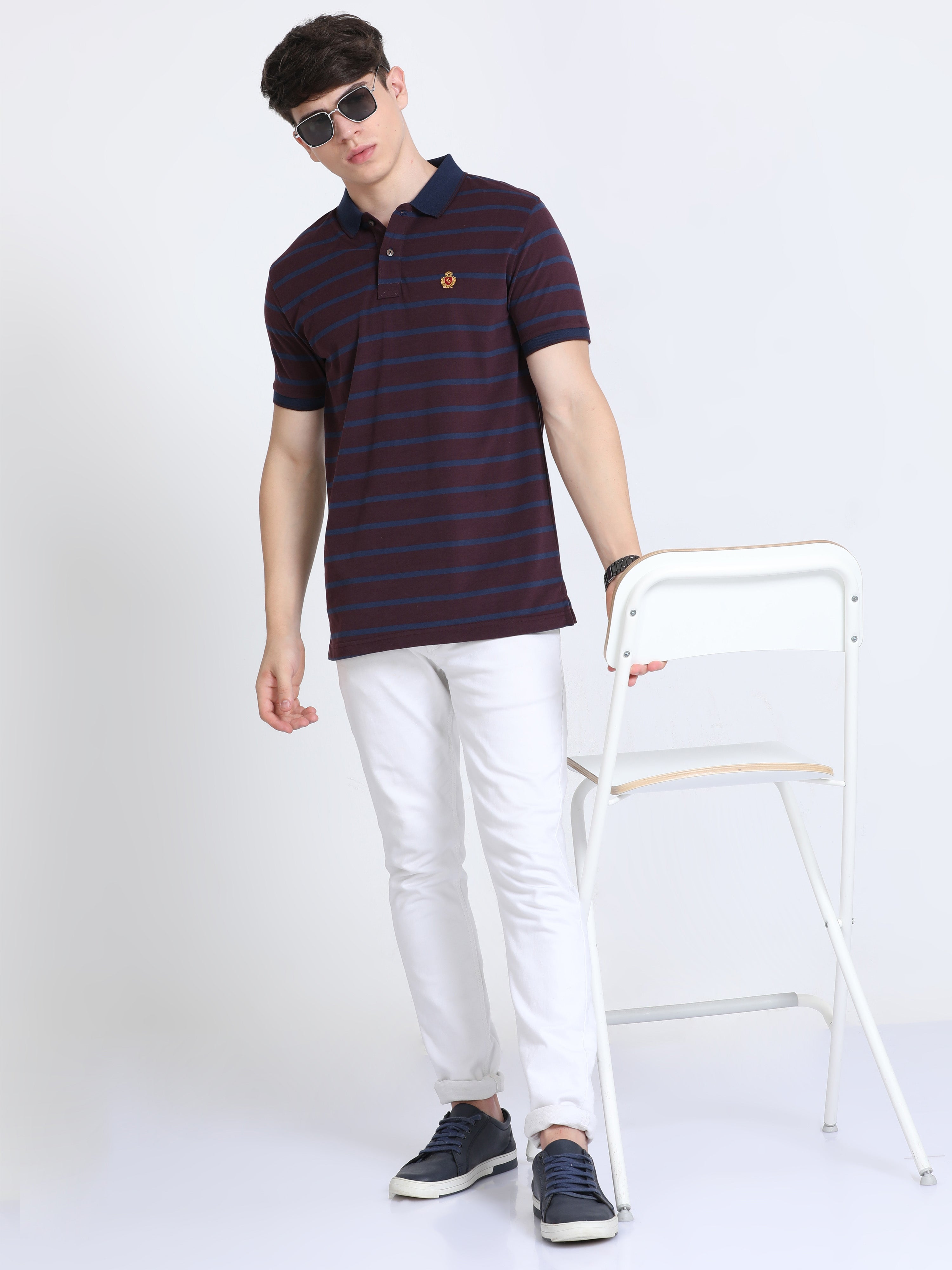 Classic Polo Mens Cotton Half Sleeves Striped Slim Fit Polo Neck Burgudy Color T-Shirt | Cpeg - 310 B Sf P