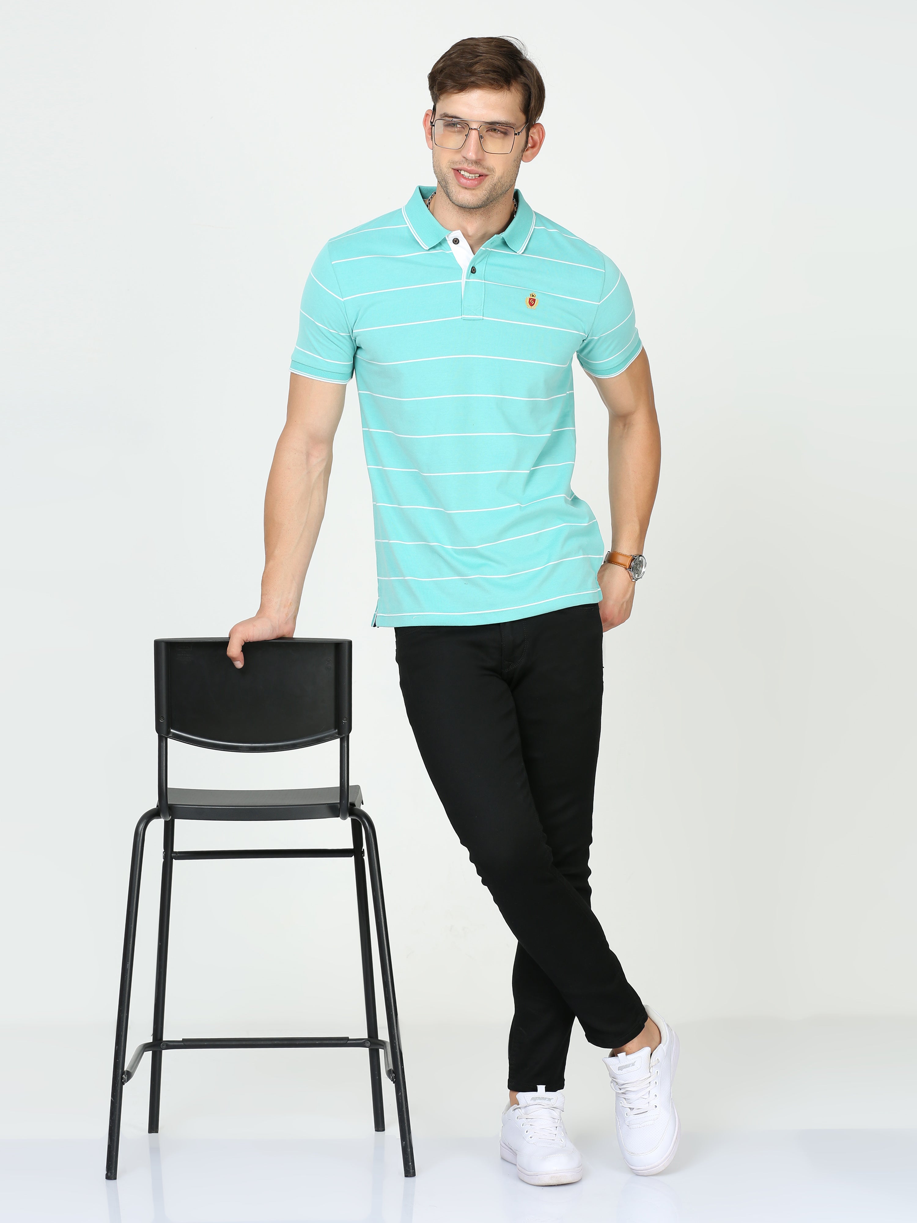 Classic Polo Mens Cotton Half Sleeves Striped Slim Fit Polo Neck Aqua Color T-Shirt | Cpeg - 306 B Sf P