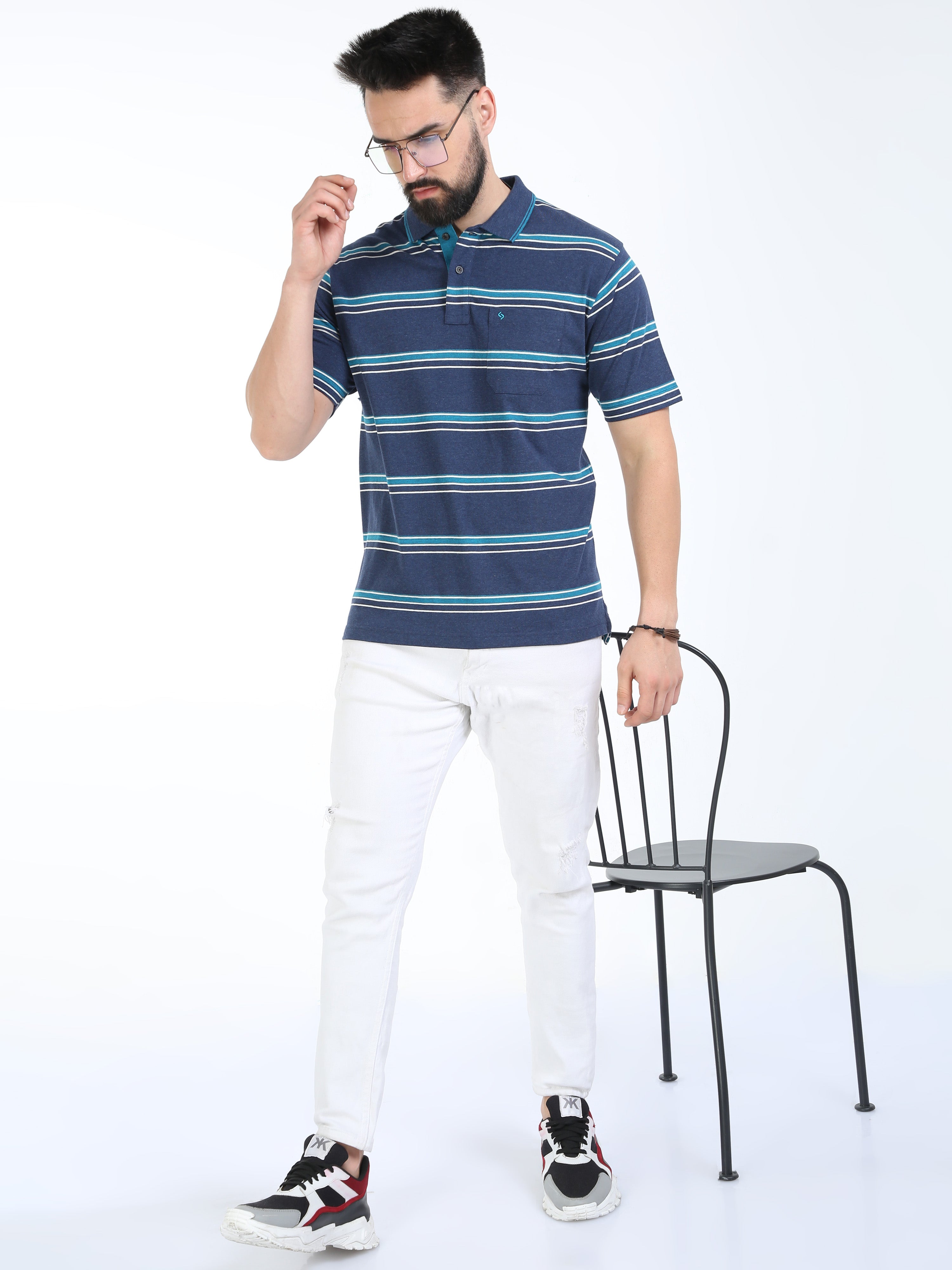 Classic Polo Mens Cotton Half Sleeves Striped Authentic Fit Polo Neck Blue Color T-Shirt | Mel - 241 A Af P
