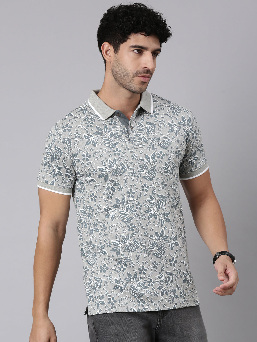 Classic Polo Men's Half Sleeve Grey Polo Neck Slim Fit All-Over Print Cotton T-Shirt | BELLO - 402 A SF P