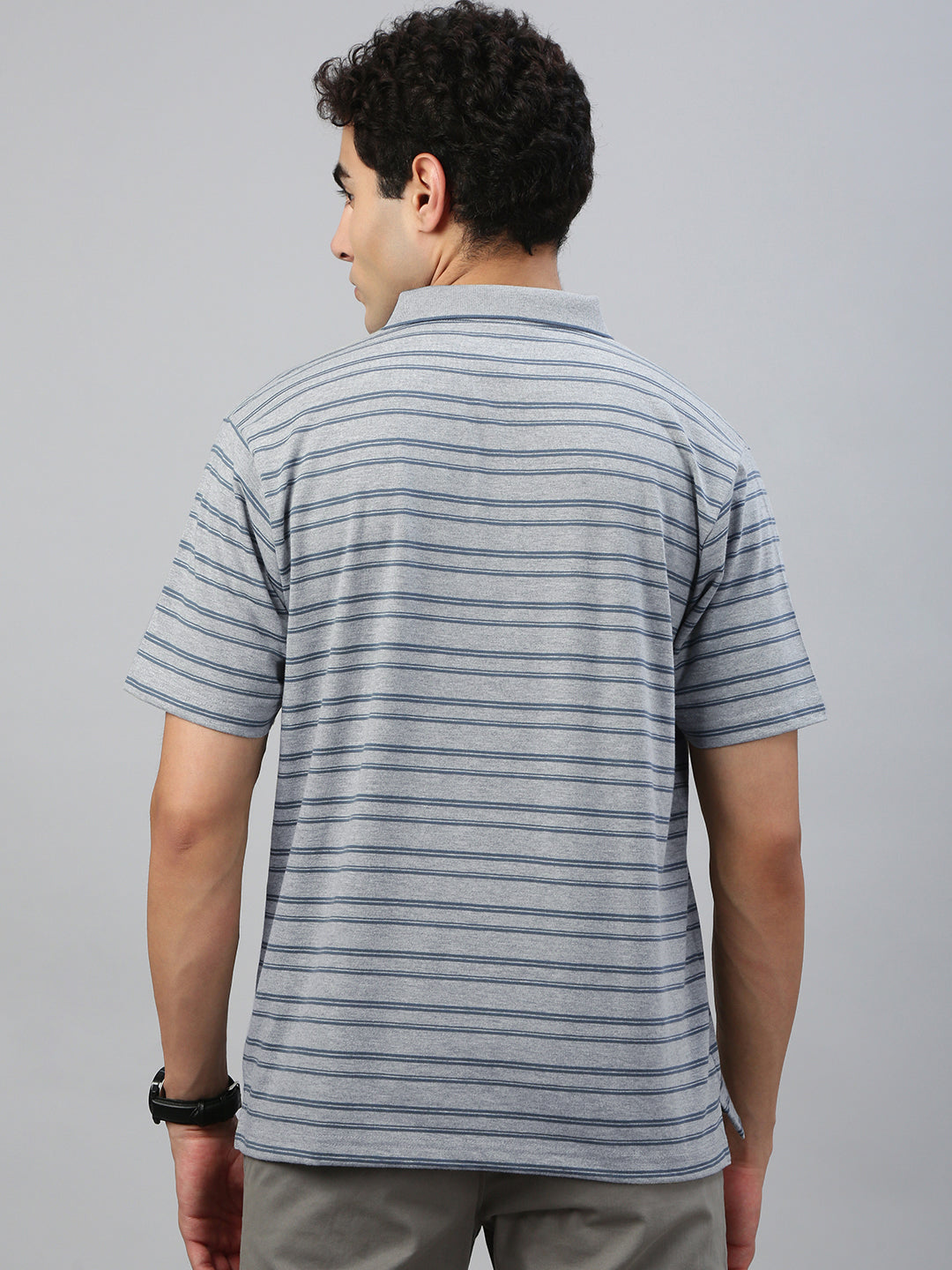 Classic Polo Men's Half Sleeve Grey/Blue Polo Neck Authentic Fit Striped T-Shirt||FEEDERS - 275 B AF P