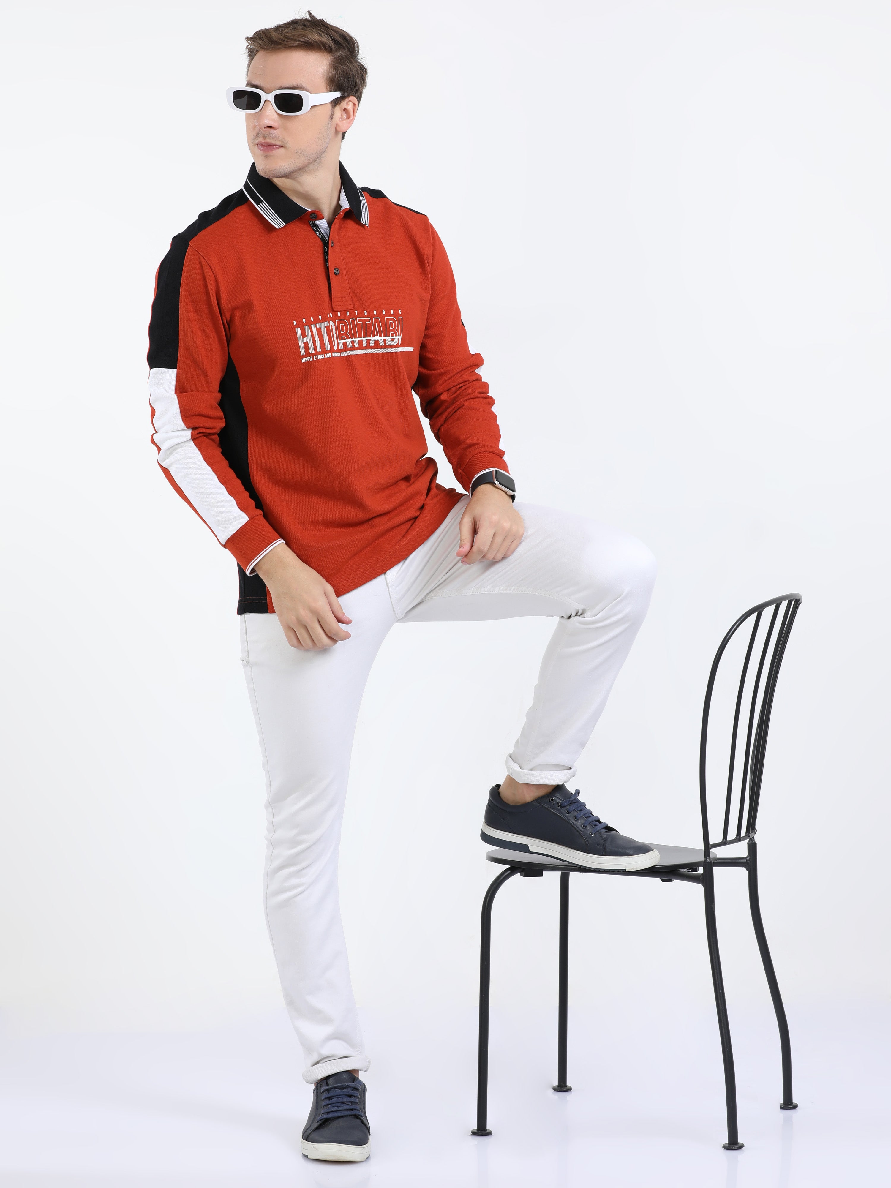 Classic Polo Mens Cotton Full Sleeve Color Blocked Slim Fit Polo Neck Red Color T-Shirt | Verno - 324 B Sf P