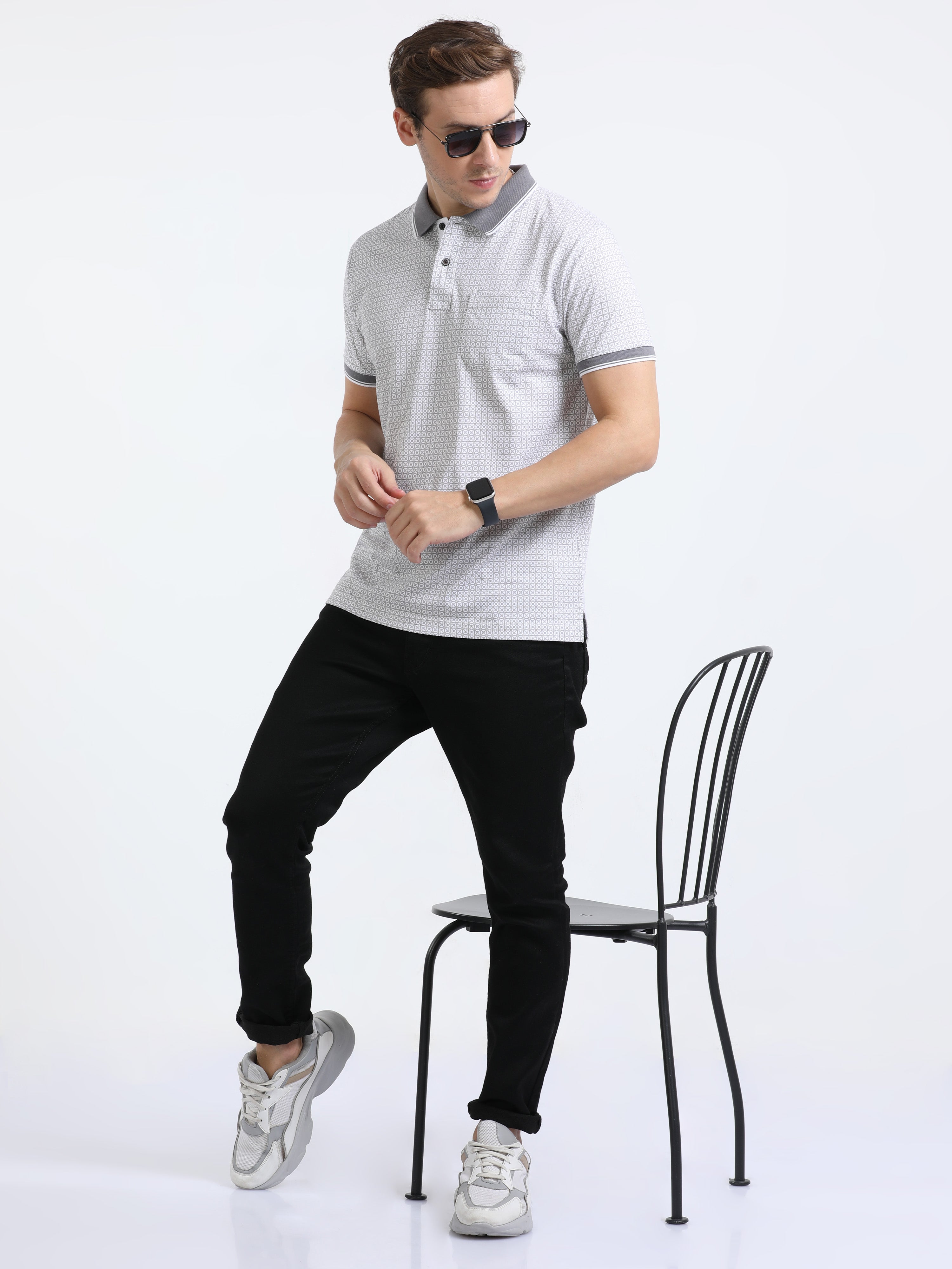 Classic Polo Mens Pure Cotton Half Sleeves Printed Slim Fit Polo Neck Grey Color T-Shirt | Bello - 217 B Sf P