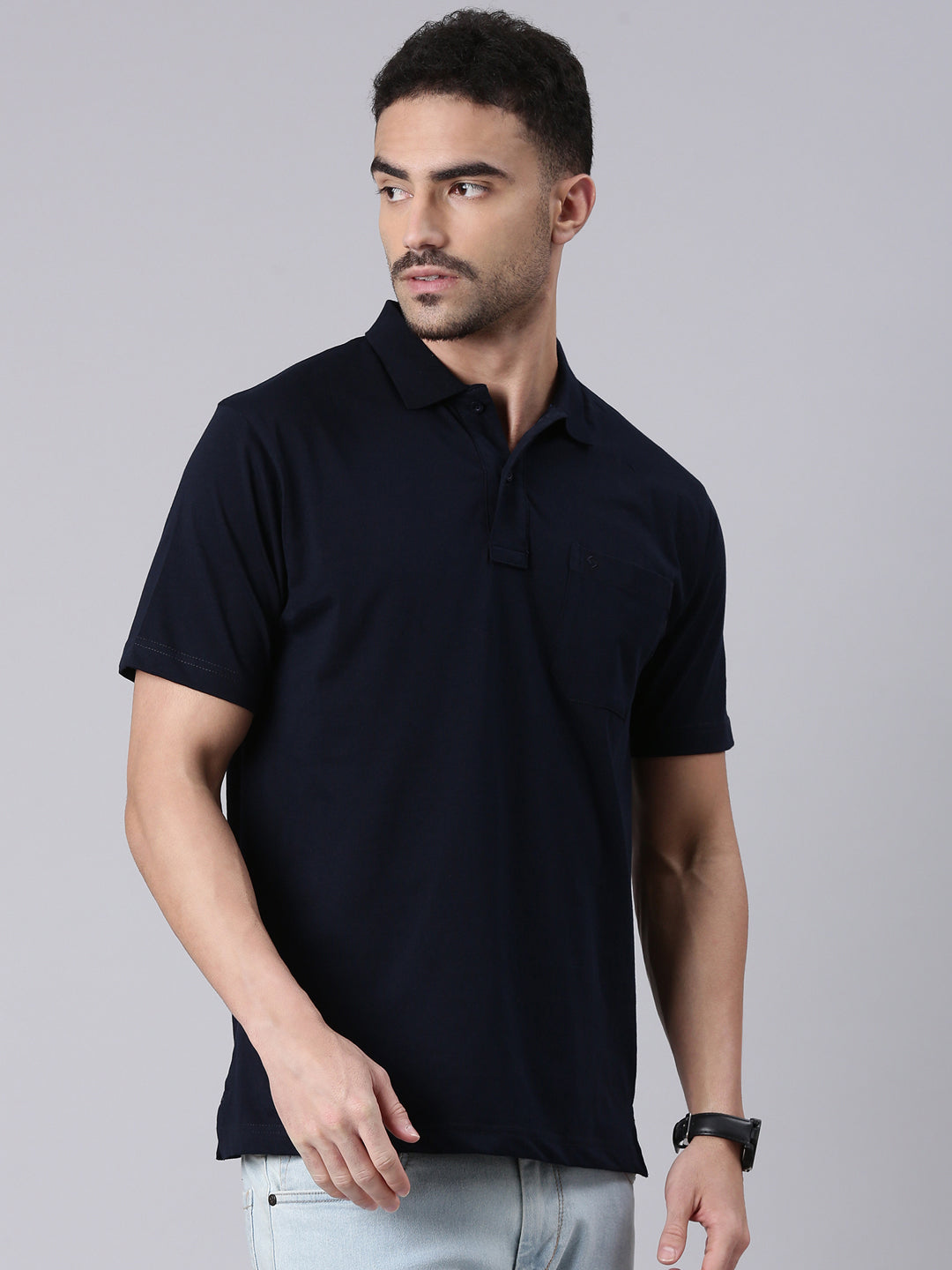 Classic Polo Men's Half Sleeve Dark Navy Polo Neck Authentic Fit Solid Cotton T-Shirt | TOY-SOLIX-SKY-P AF P