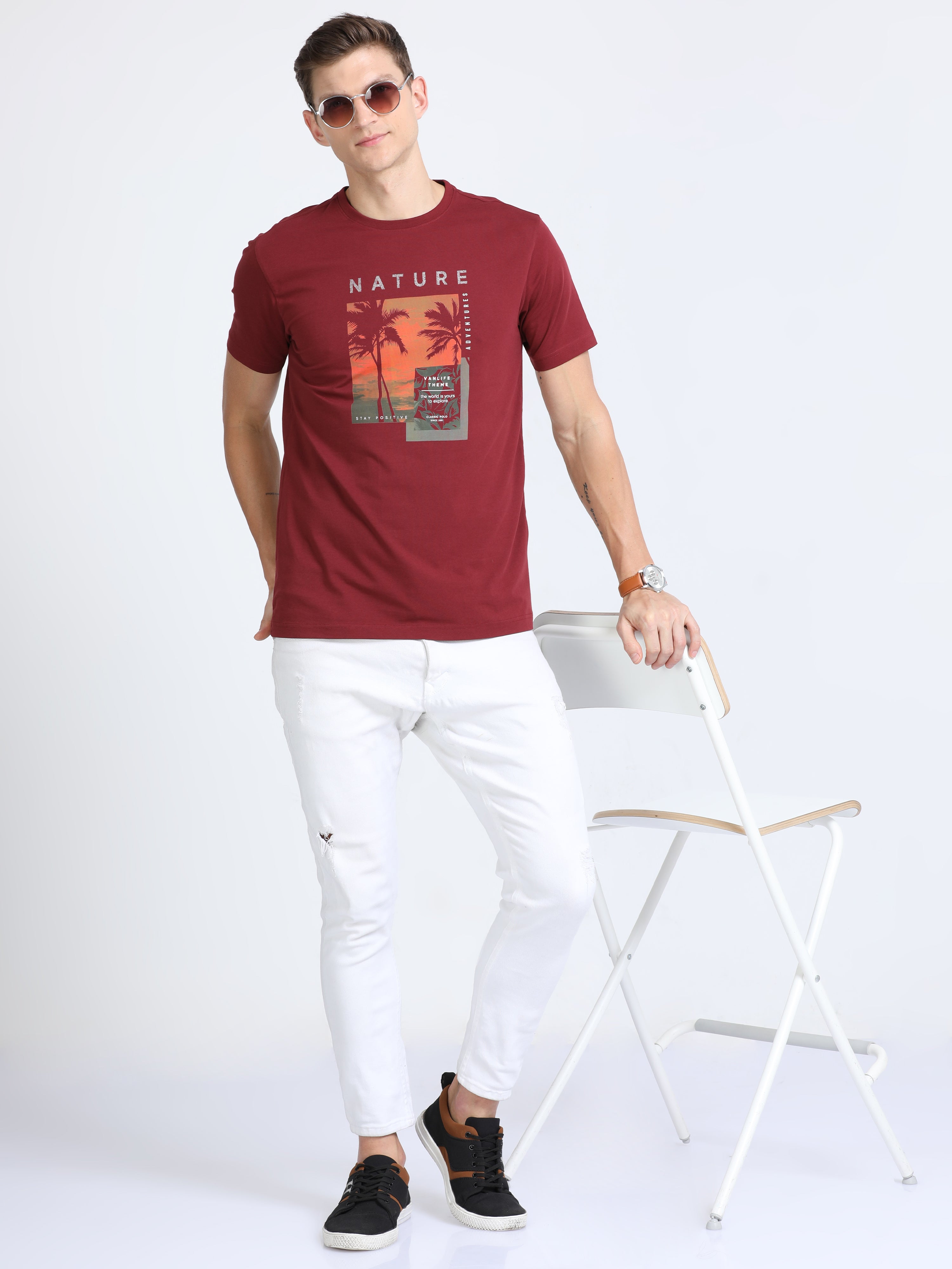Classic Polo Mens Cotton Half Sleeves Printed Slim Fit Crew Neck Brown Color T-Shirt | Baleno - 555 B Sf C