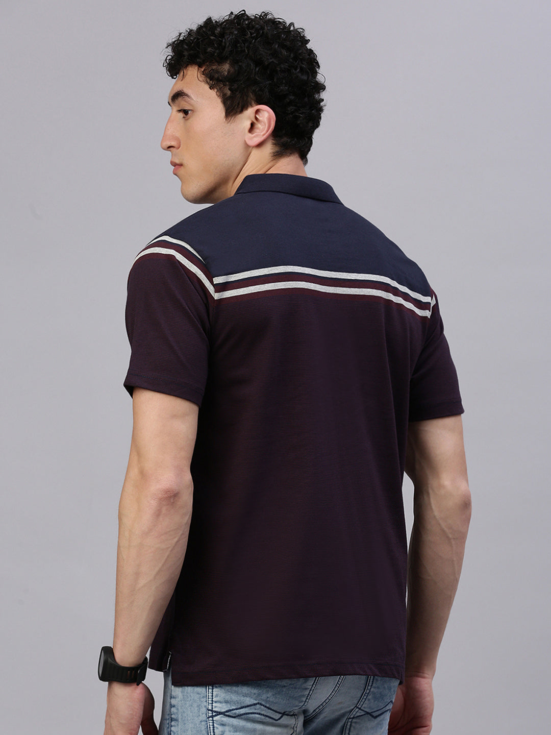 Classic Polo Men's Half Sleeve Burgundy/Navy Blue Polo Neck Authentic Fit Striped T-Shirt||MEL - 265 B AF P
