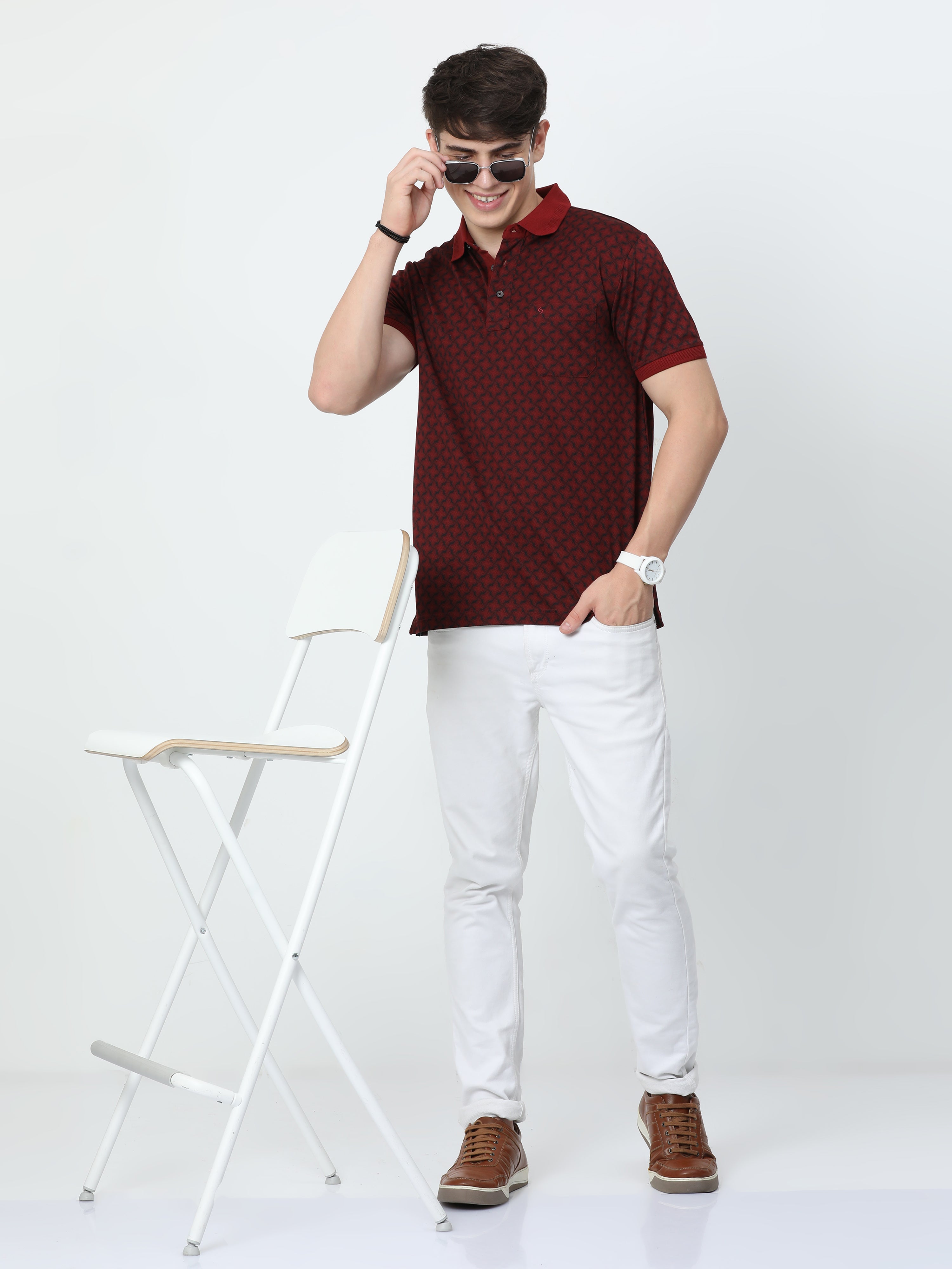 Classic Polo Mens Cotton Half Sleeves Floral Authentic Fit Polo Neck Maroon Color T-Shirt | Swank - 04 B Af P