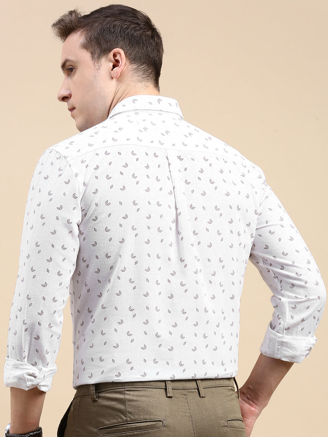 Classic Polo Men's Polo Neck Cotton Linen White/Rust Slim Fit Printed Shirt | LINEN-32A-FS-PRT-SF