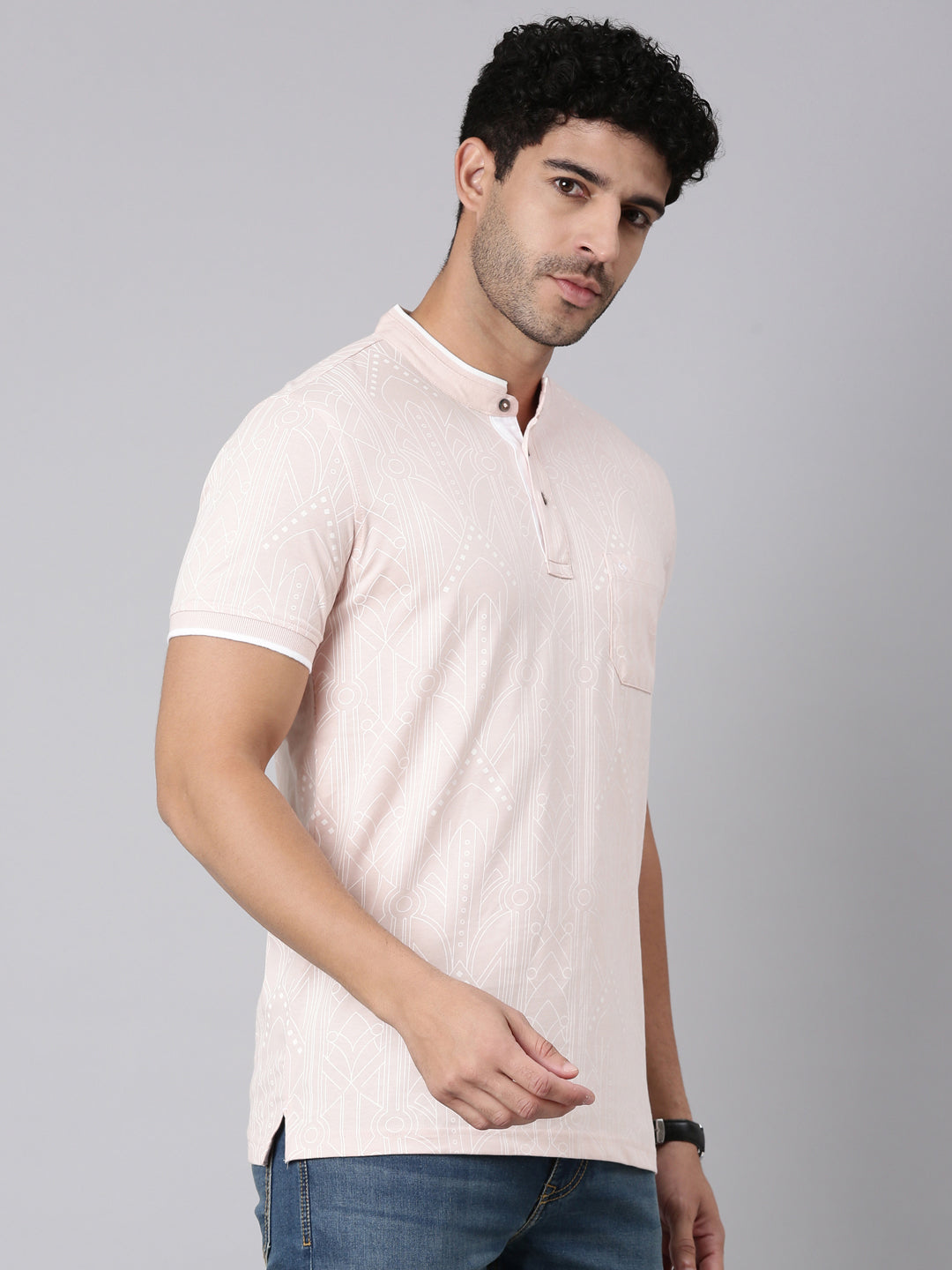 Classic Polo Men's Half Sleeve Light Pink Mandarin Collar Slim Fit All-Over Print Cotton T-Shirt | LTS-AOP - 118 A SF P
