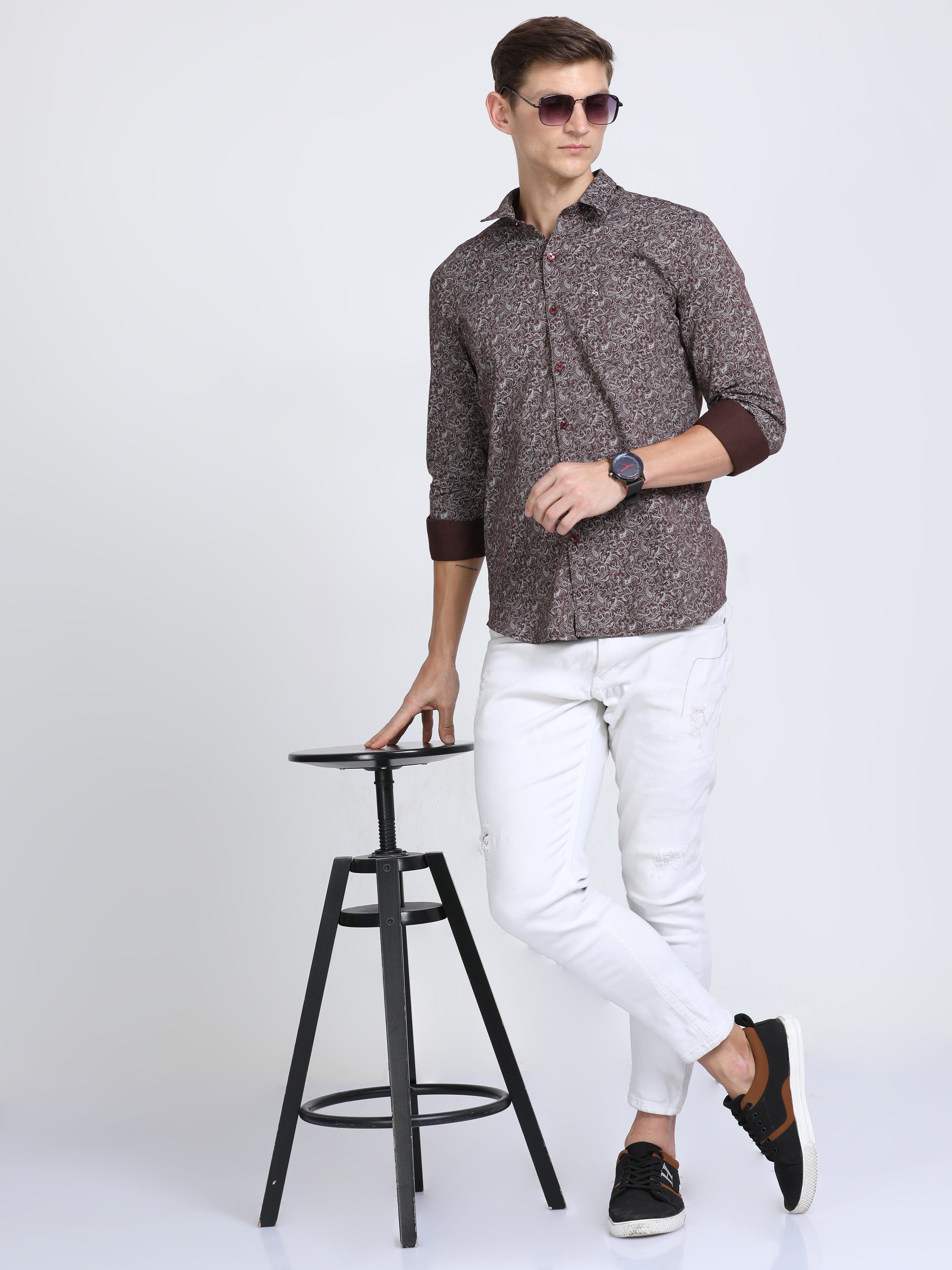 Classic Polo Mens Pure Cotton Full Sleeves Floral Slim Fit Polo Neck Brown Color Woven Shirt | So2-168 B-Fs-Prt-Sf