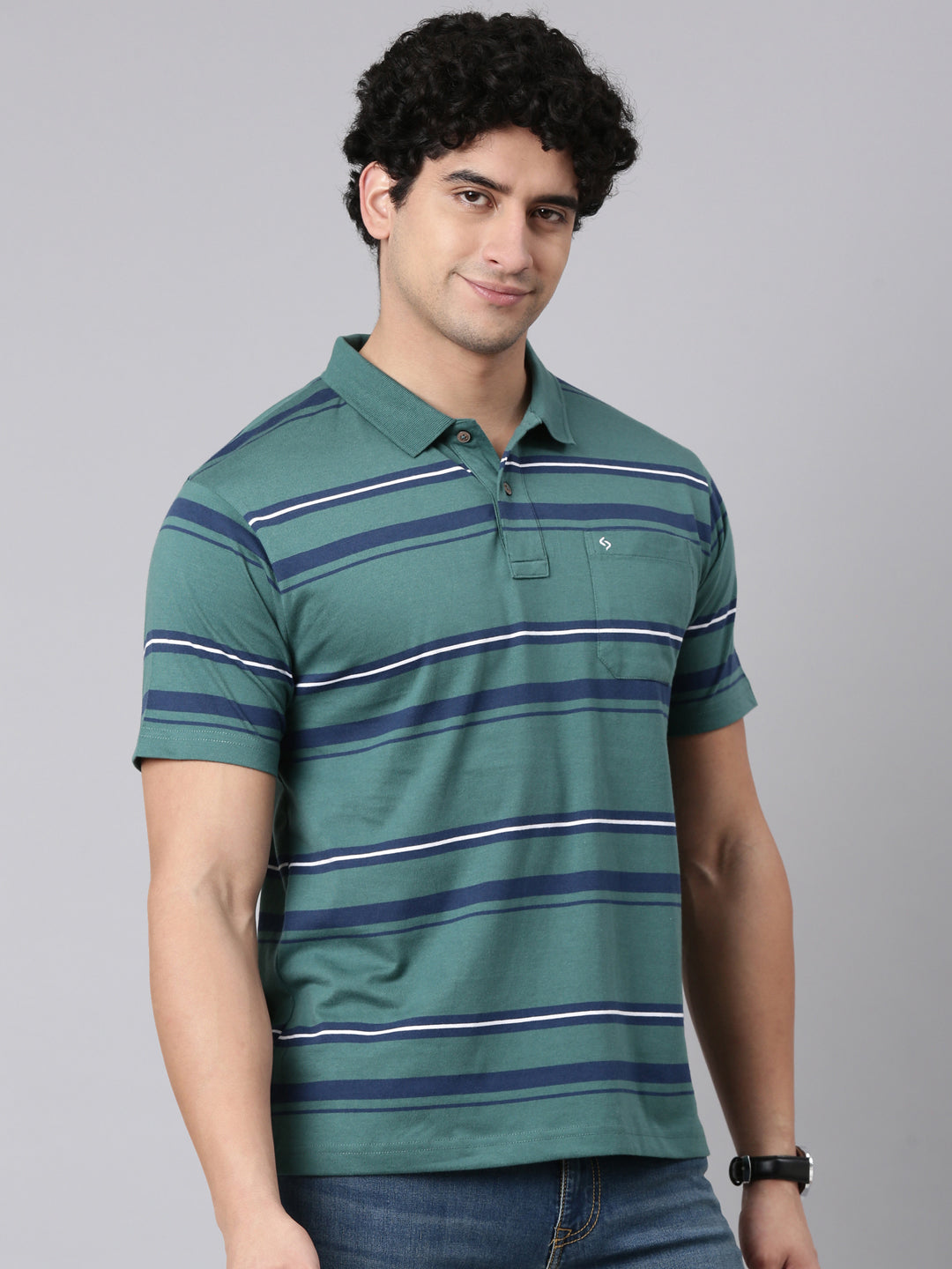 Classic Polo Men's Half Sleeve Green/Navy Blue Polo Neck Authentic Fit Striped Cotton Blend T-Shirt | AVON - 648 A AF P