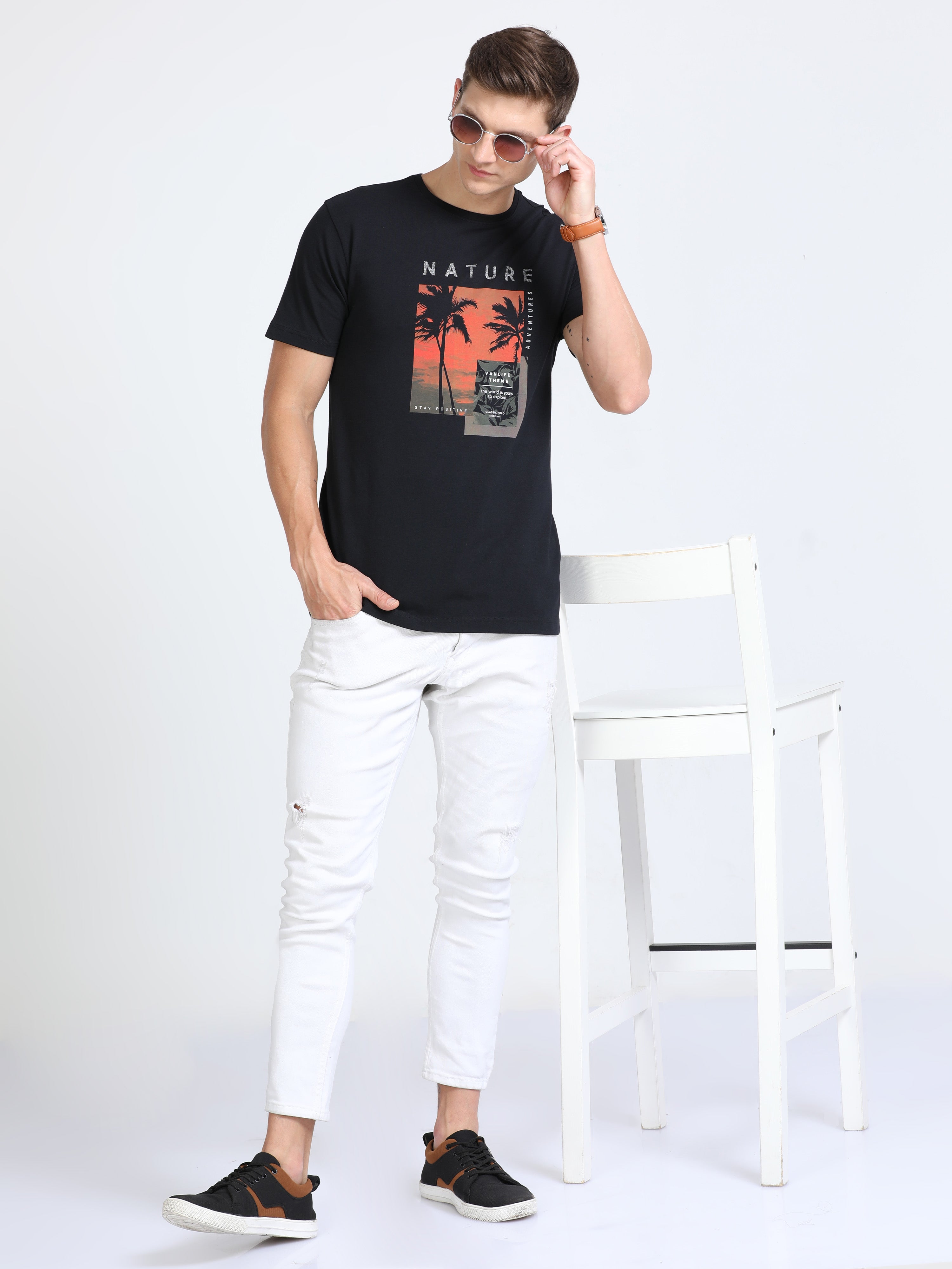 Classic Polo Mens Cotton Half Sleeves Printed Slim Fit Crew Neck Black Color T-Shirt | Baleno - 555 A Sf C