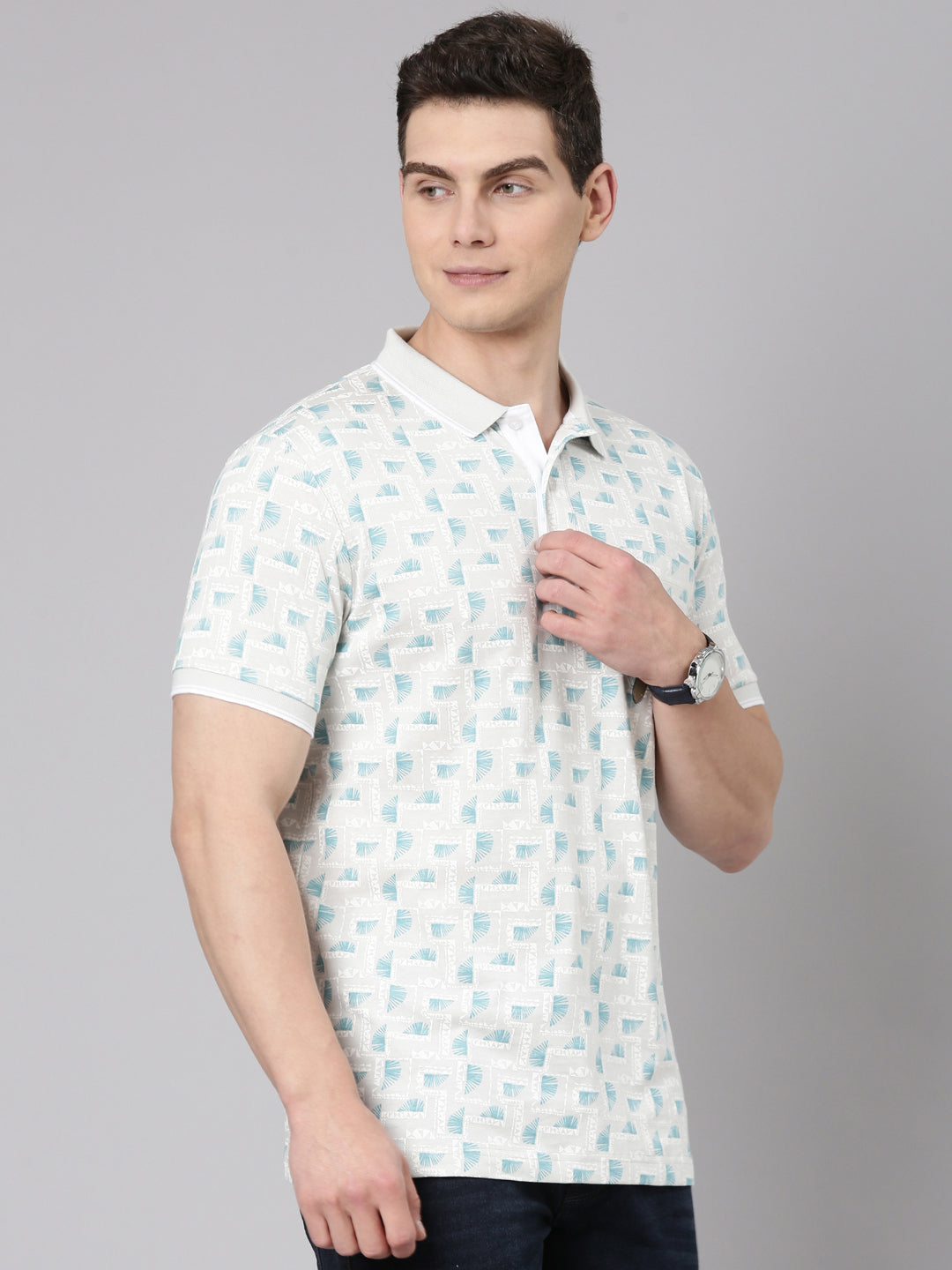 Classic Polo Men's Half Sleeve Lt.Grey/Blue Polo Neck Slim Fit All Over Print Cotton T-Shirt | BELLO - 345 A SF P