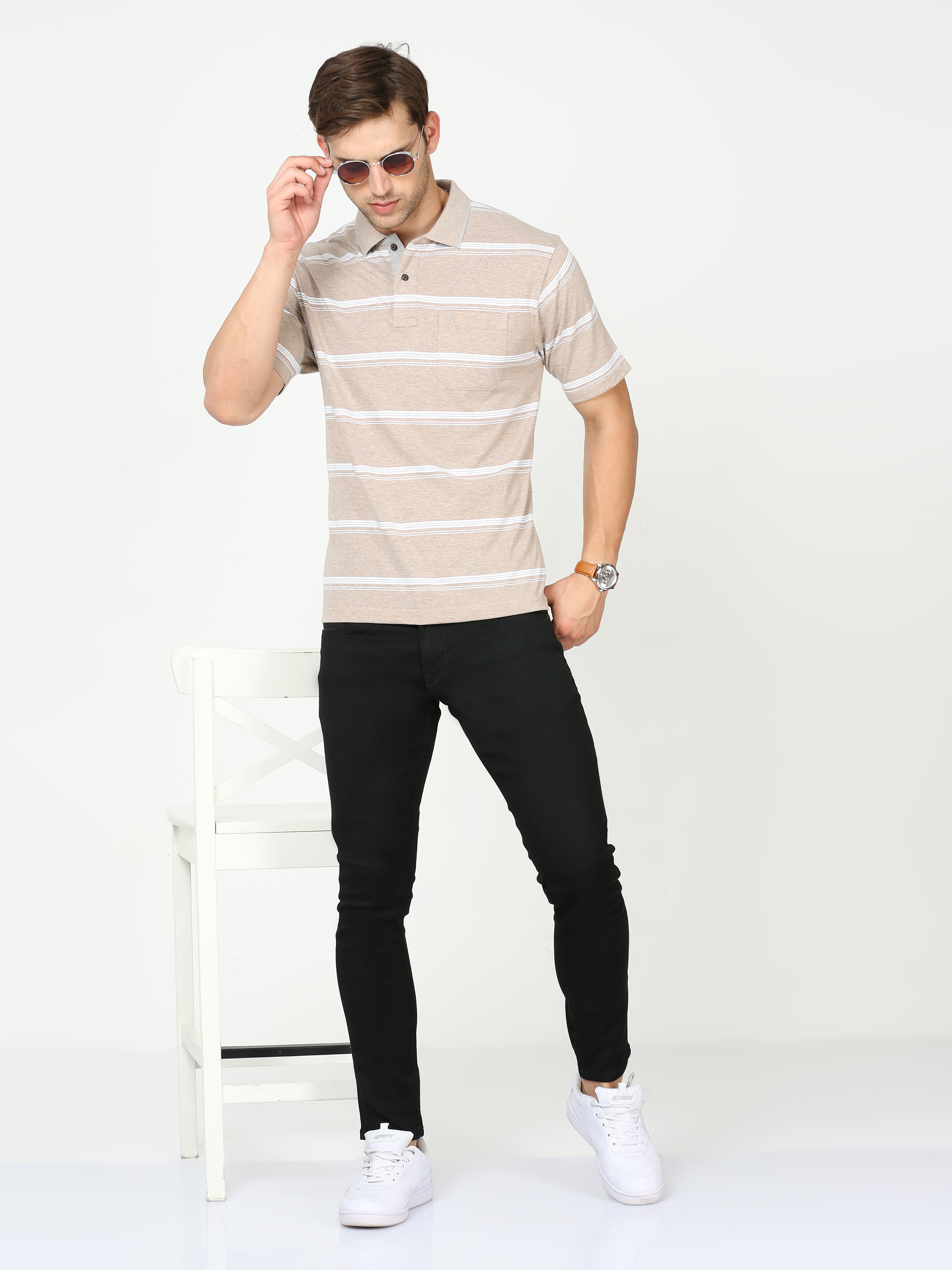 Classic Polo Mens Cotton Half Sleeves Striped Authentic Fit Polo Neck Cream Color T-Shirt | Mel - 238 A Af P