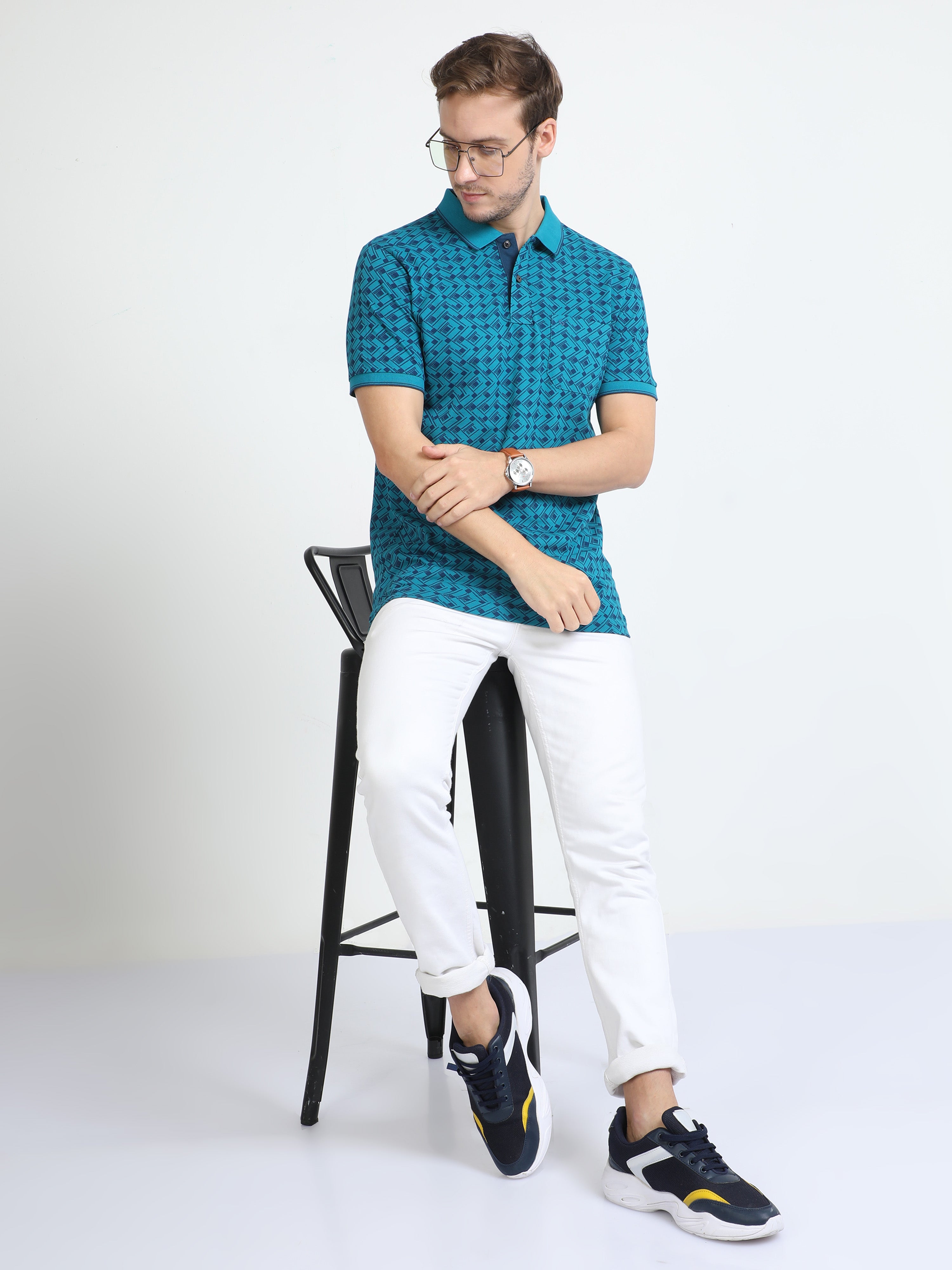 Classic Polo Mens Cotton Half Sleeves Floral Slim Fit Polo Neck Torqoise Color T-Shirt | Beau - 223 A Sf P