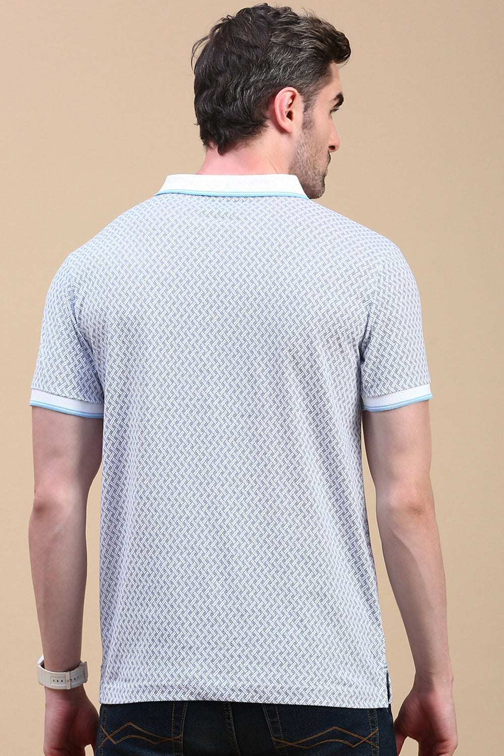 Classic Polo Men's Half Sleeve Navy/White Polo Neck Slim Fit All Over Print T-Shirt | BELLO - 314 B SF P