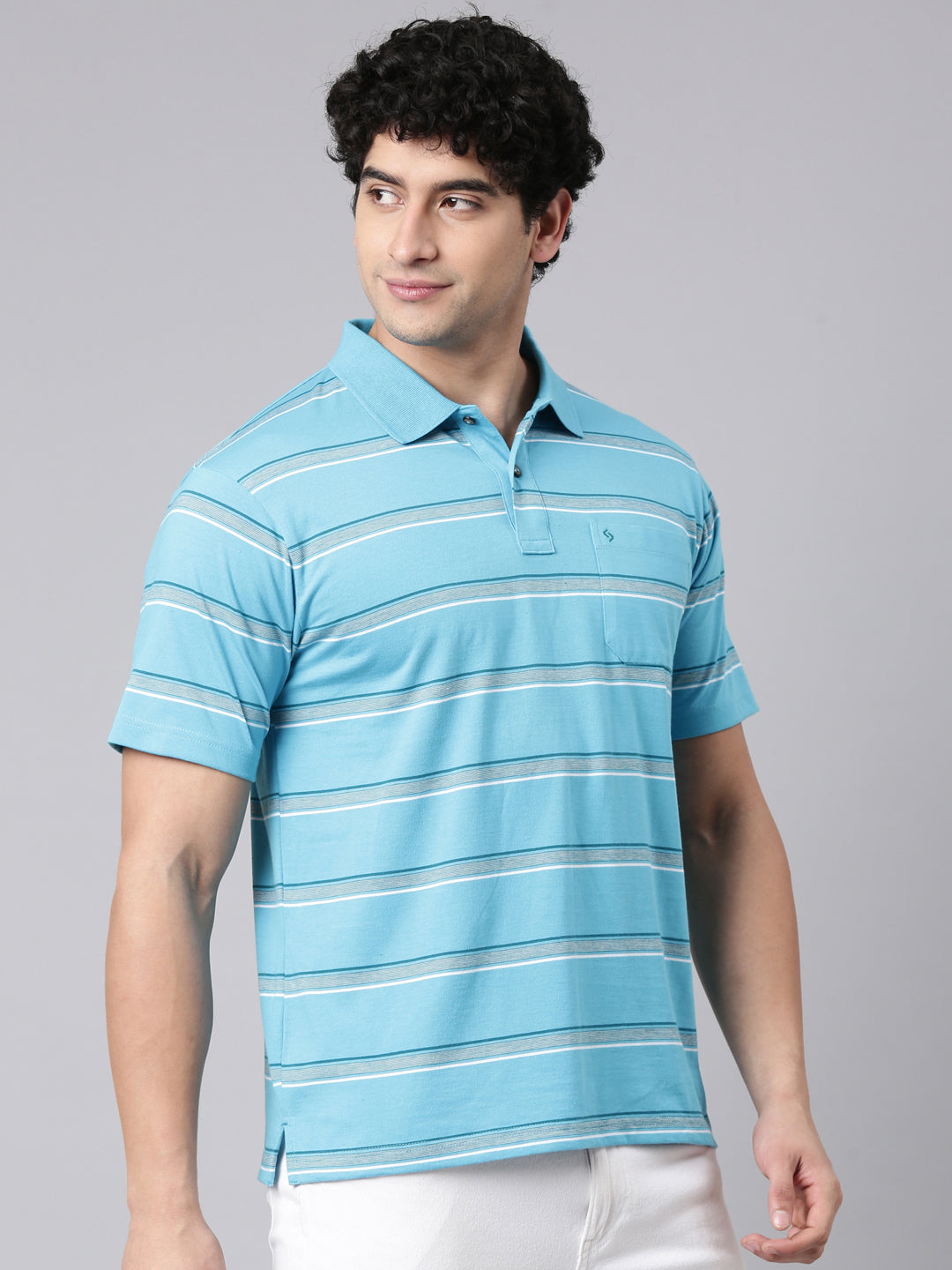 Classic Polo Men's Half Sleeve Blue/White Polo Neck Authentic Fit Striped Cotton Blend T-Shirt | AVON - 647 B AF P