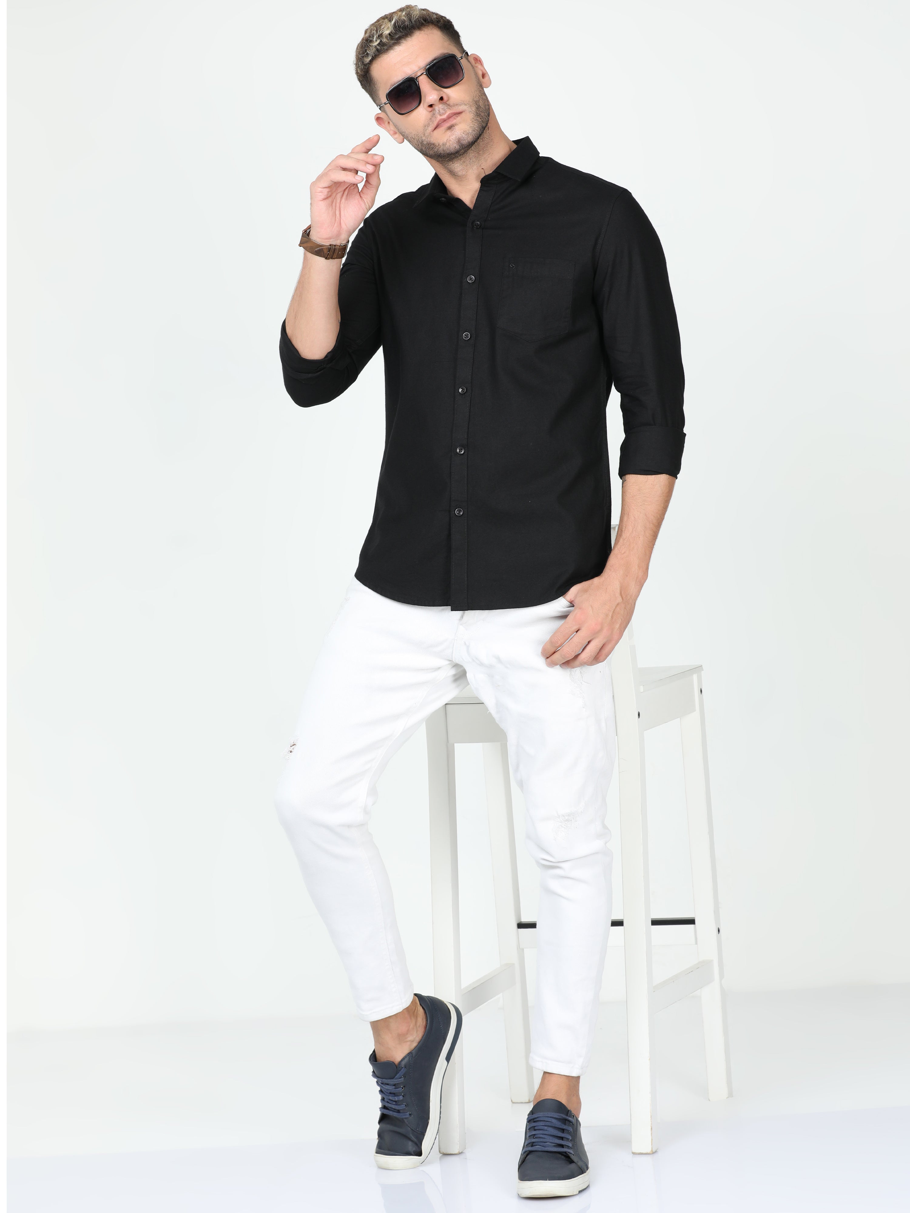 Classic Polo Mens Linen Cotton Full Sleeve Slim Fit Polo Neck Black Color Woven Shirt | Linen - 26 E-FS-SLD-SF