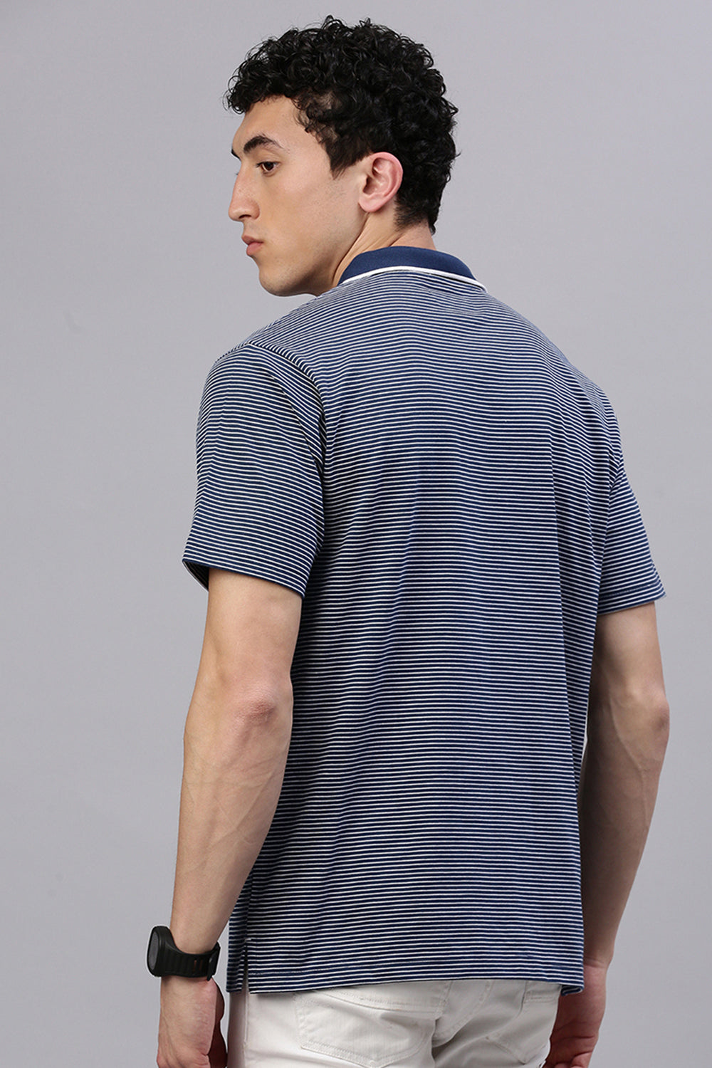 Classic Polo Men's Half Sleeve Navy/White Polo Neck Authentic Fit Striped T-Shirt | FEEDERS - 271 A AF P
